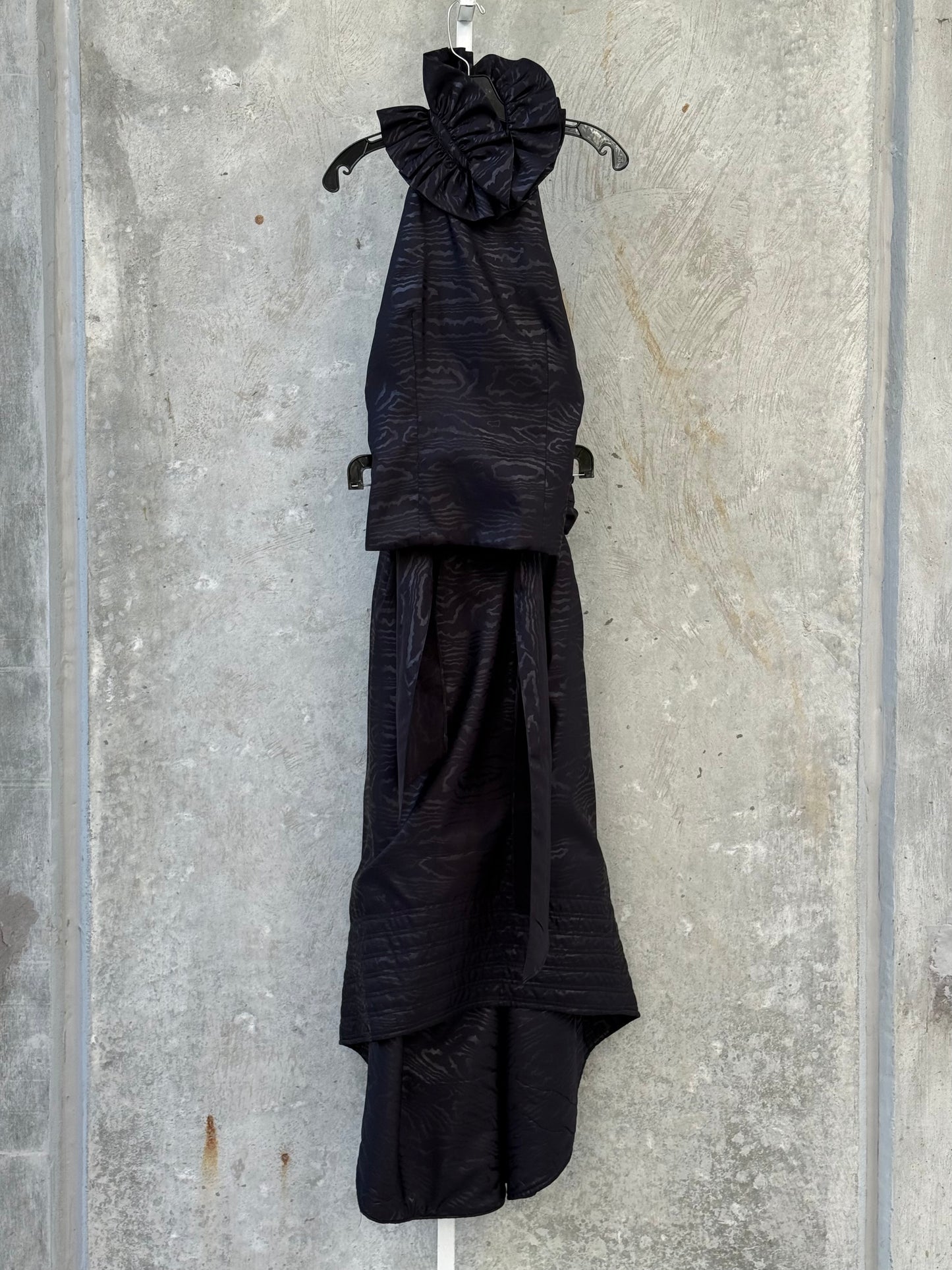1990s Black Satin Ruffle Collar Top & Skirt Set