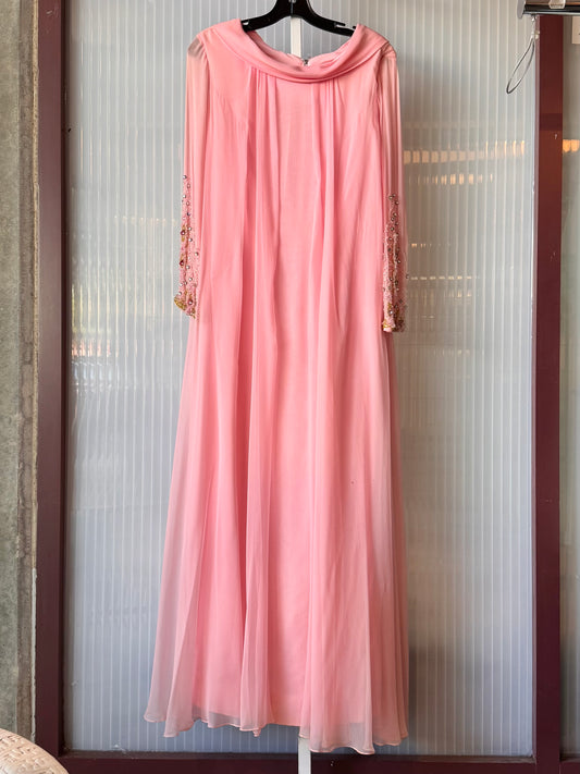 1960s Bubblegum Pink Princess Sheer Layered Beaded Gown