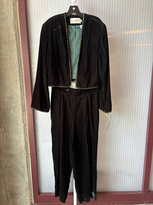 1980s Dark Green Velvet Jacket & Pants Set w/ Gold Detail