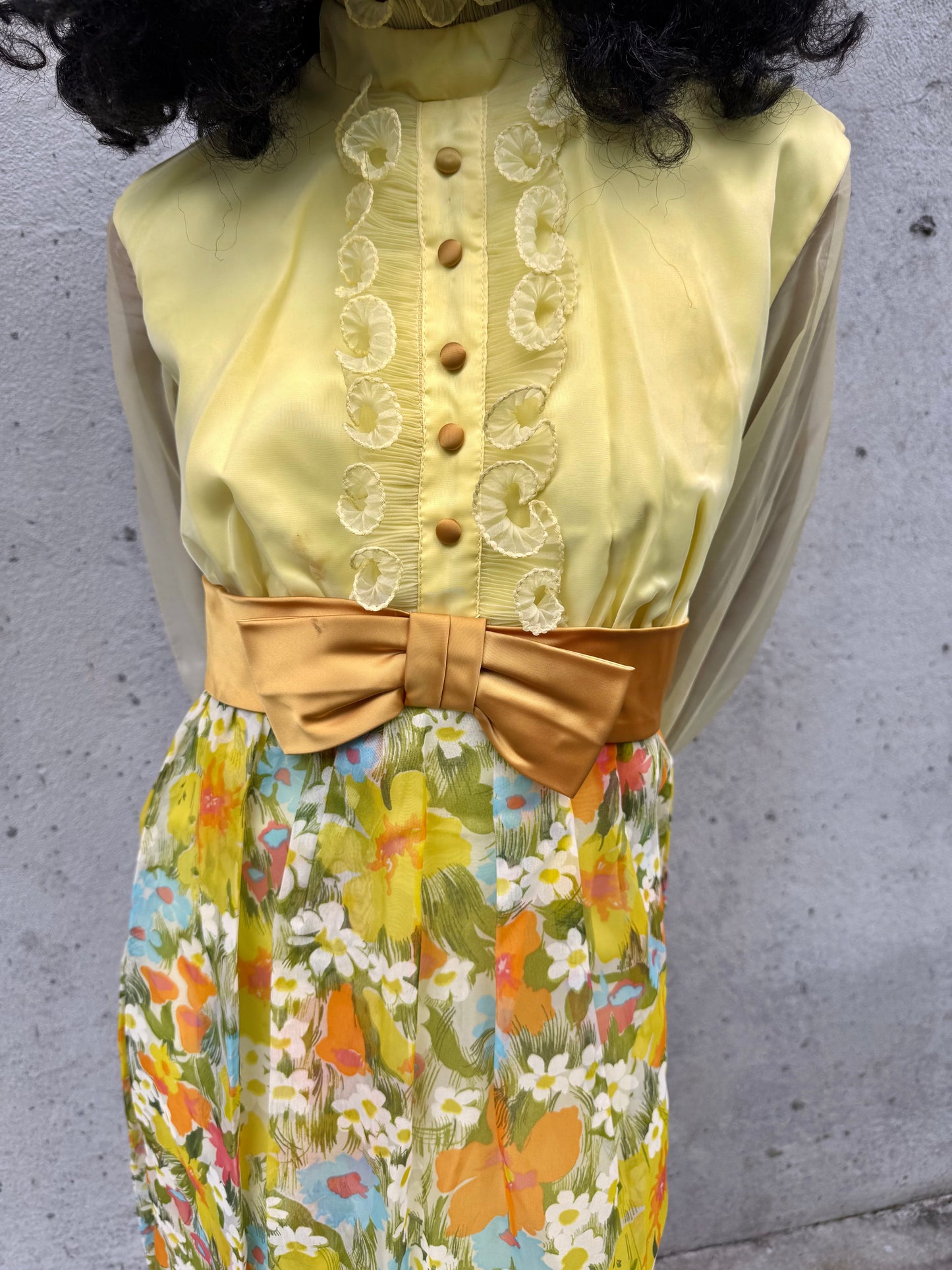 1970s Yellow Floral Empire Waist Maxi Dress