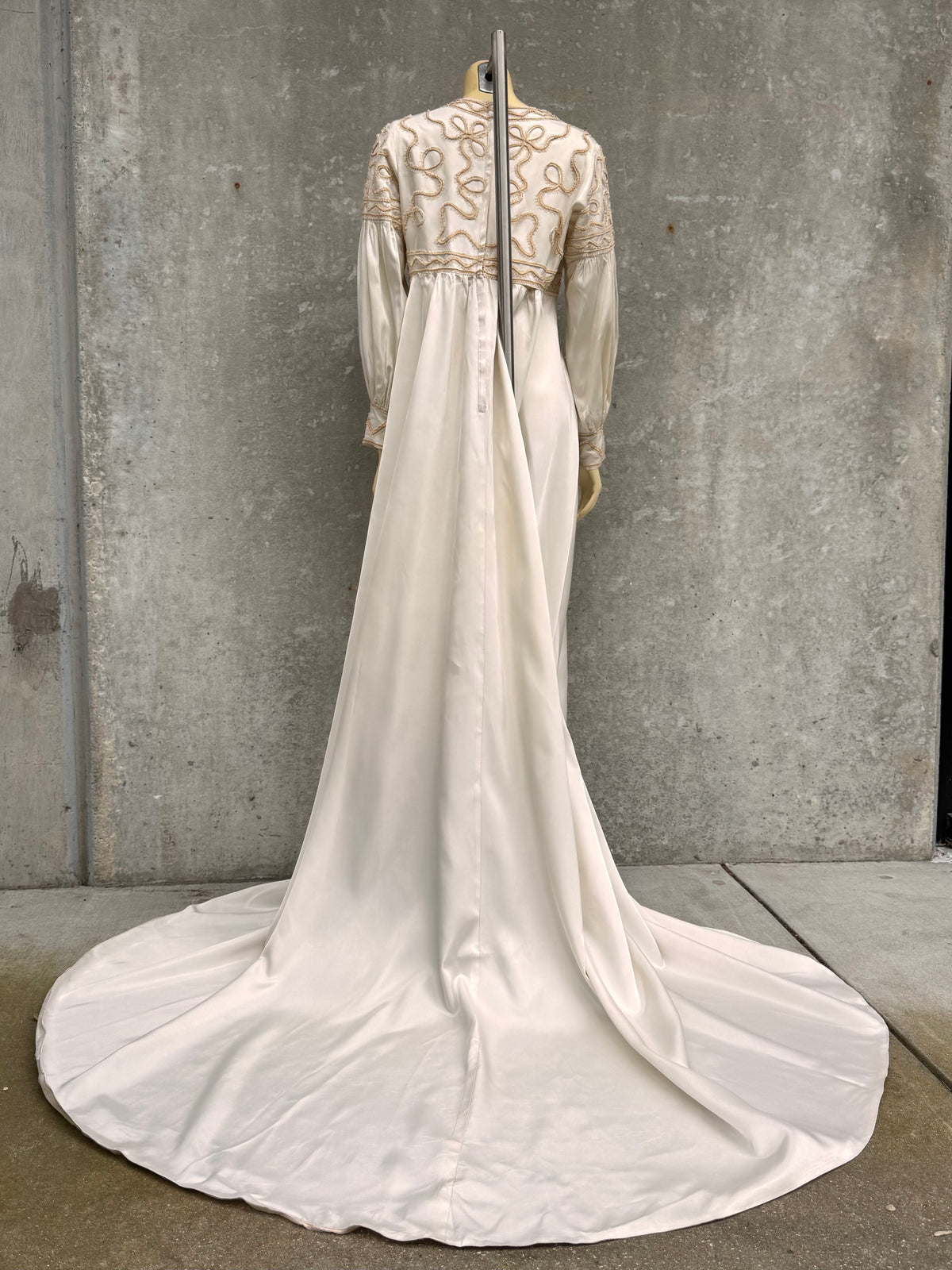 1970s Cream Wedding Dress with Tan Embroidery