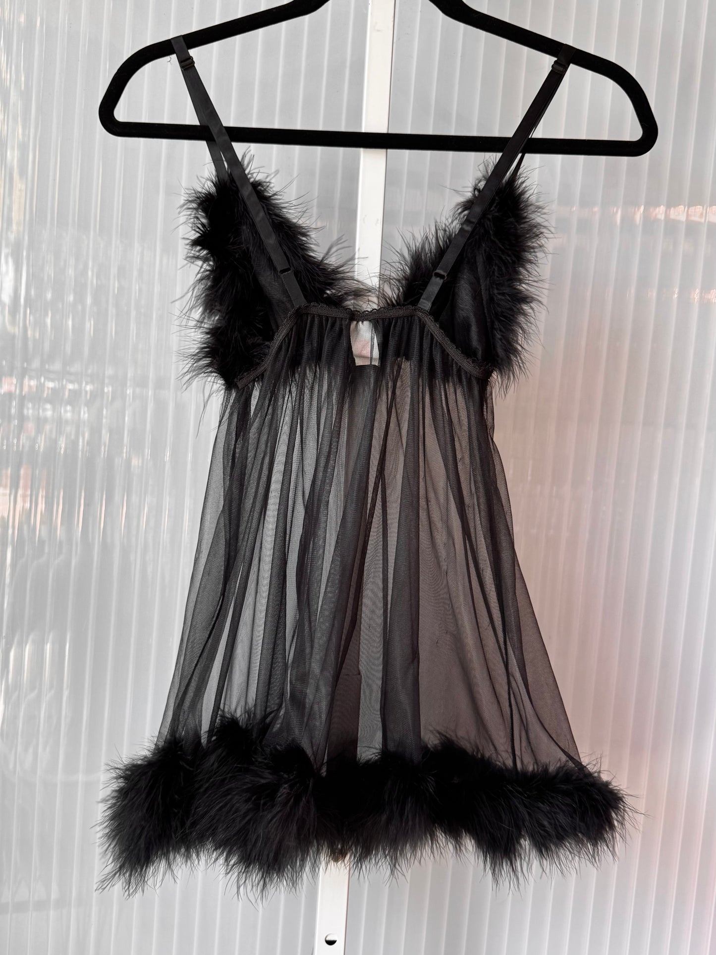 Y2K Fredericks of Hollywood Black Sheer Feather Trim Lingerie