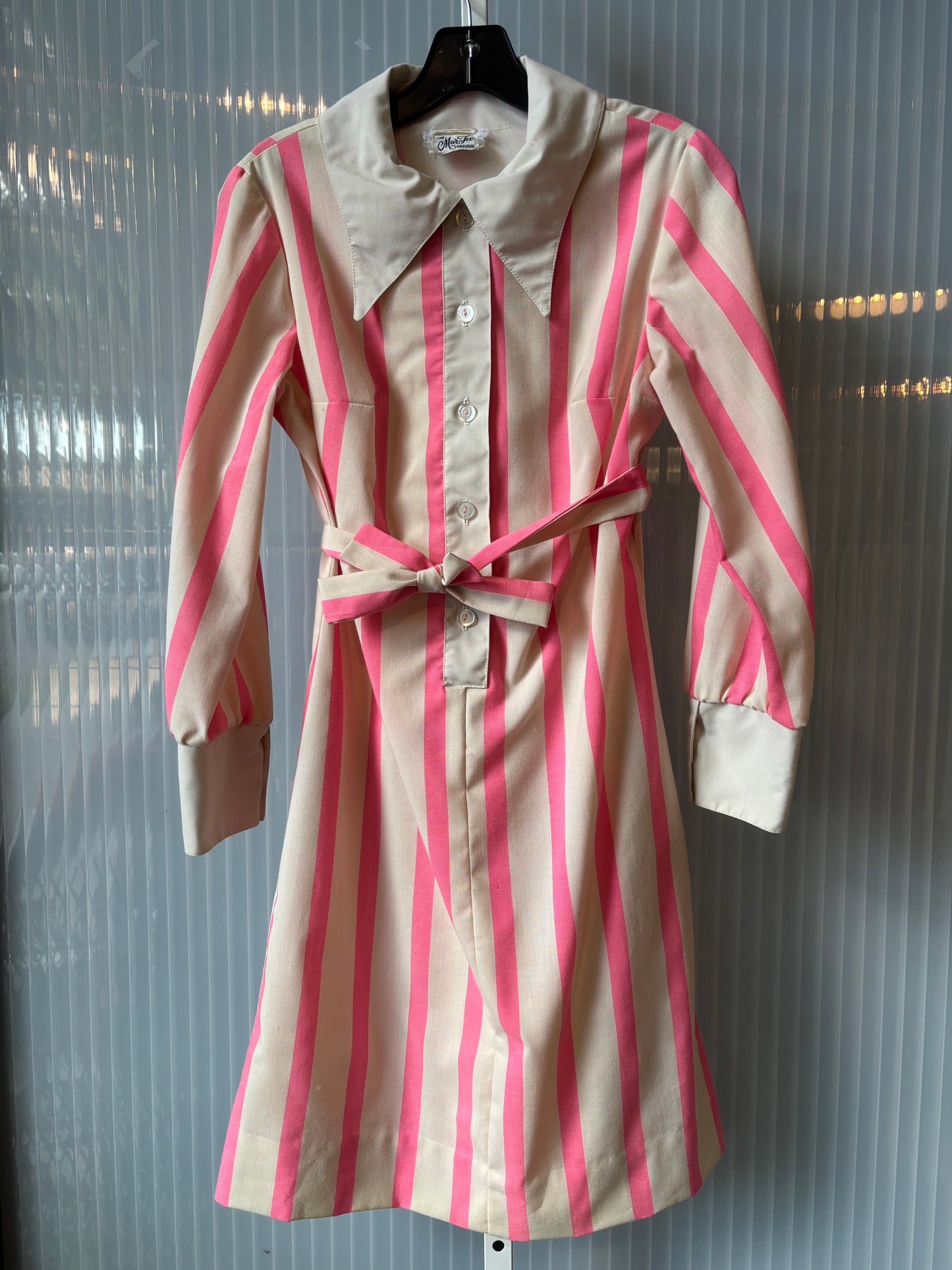 1960s Pink & White Point-collar Stripe Shirtwaist Dress