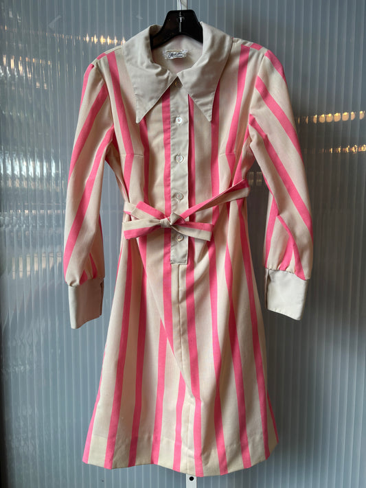 1960s Pink & White Point-collar Stripe Shirtwaist Dress