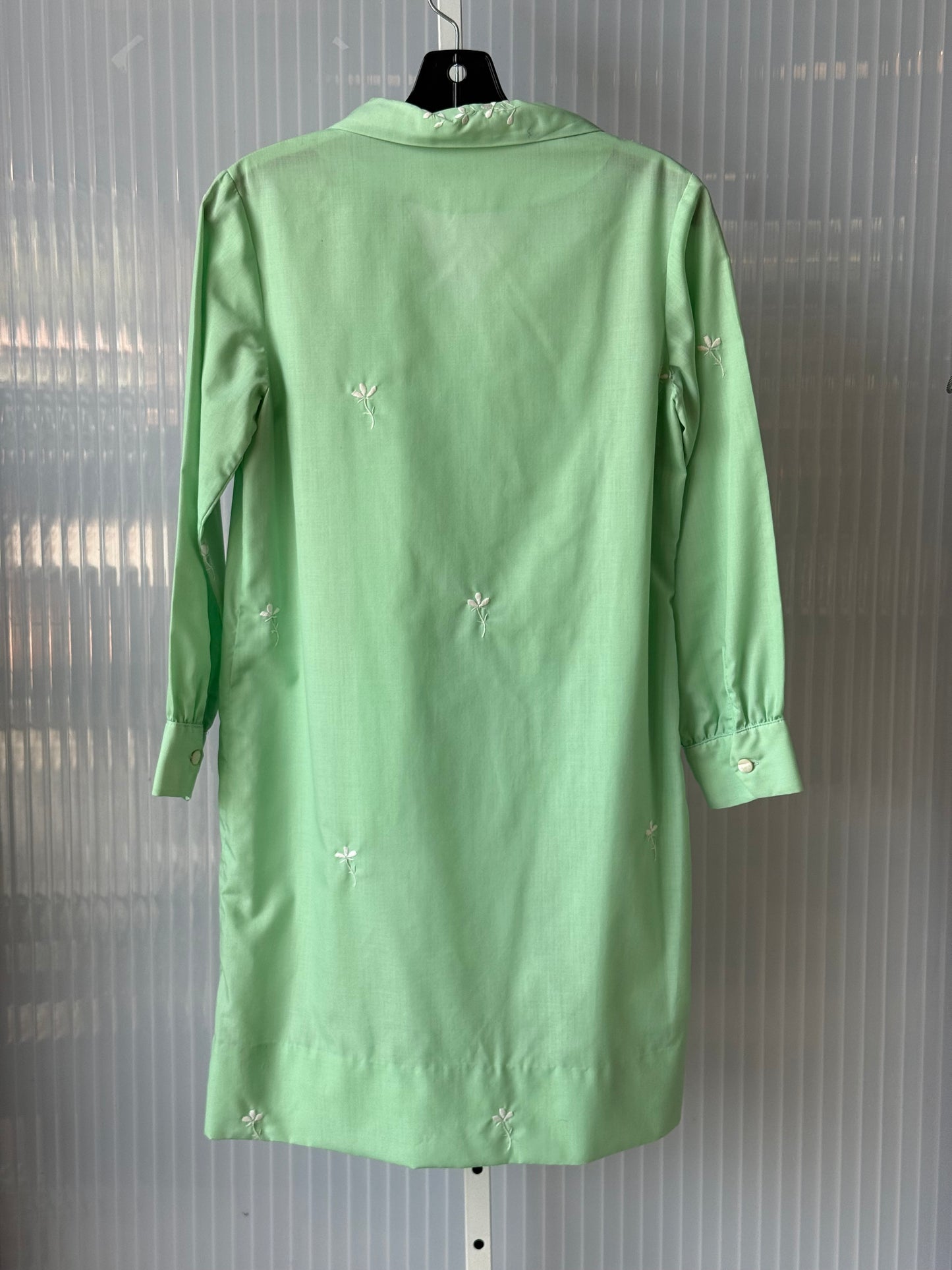 1960s Pale Green Embroidered Shirt Dress w/ Mesh & Sash