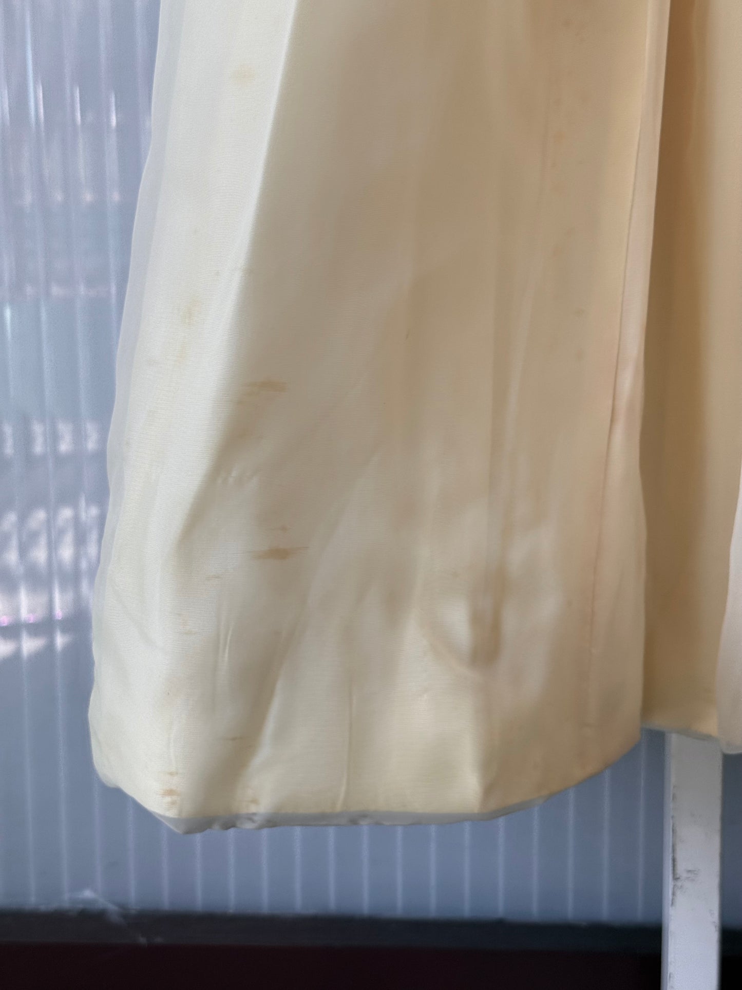 1970s Lemon Yellow Sheer Layered Gown w/ White Beading