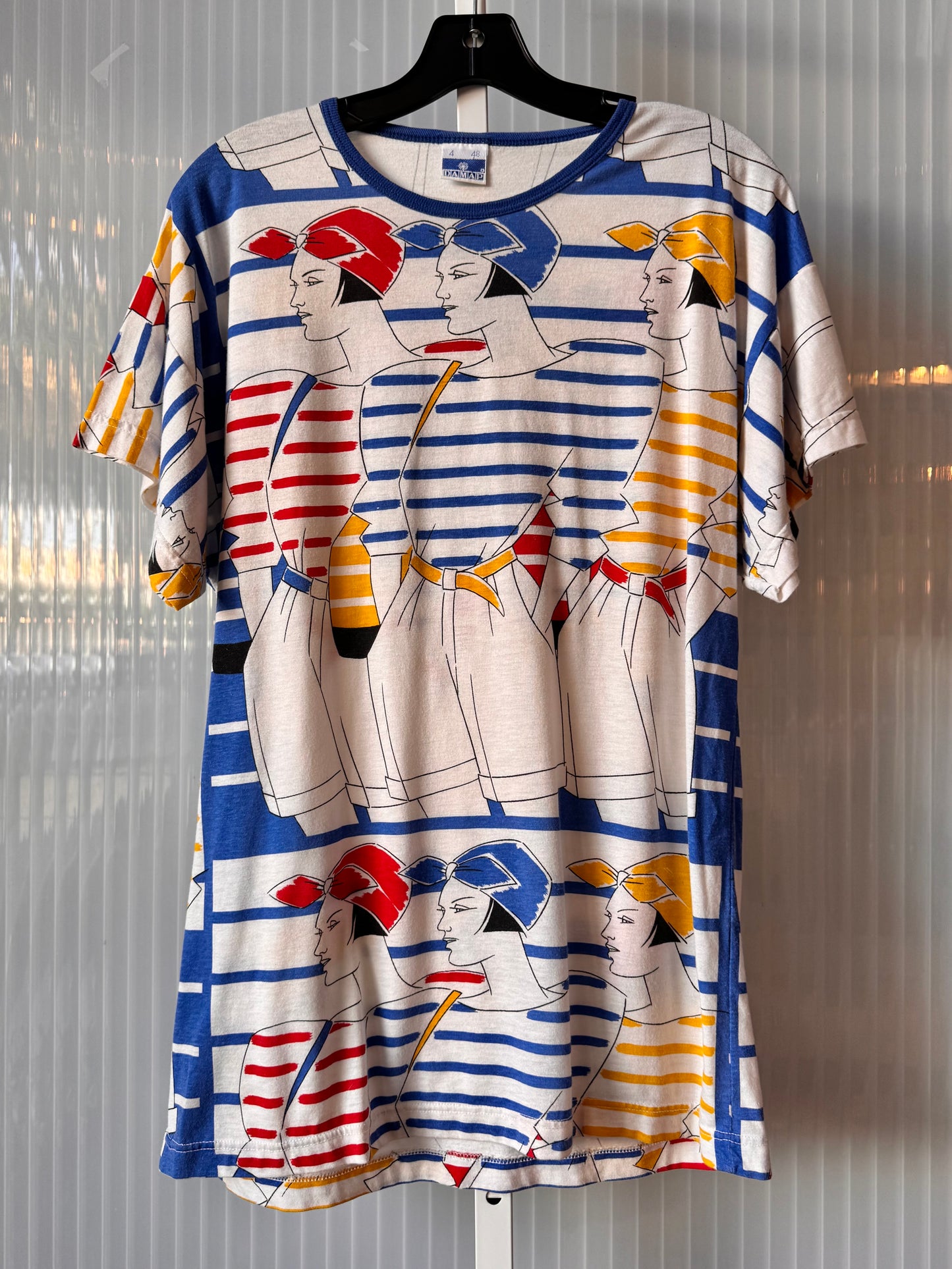 1980s Primary Color Woman Print Blouse