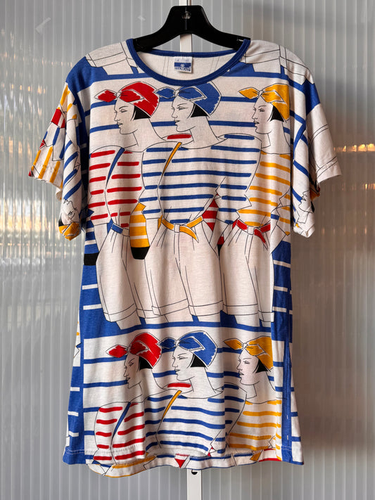 1980s Primary Color Woman Print Blouse