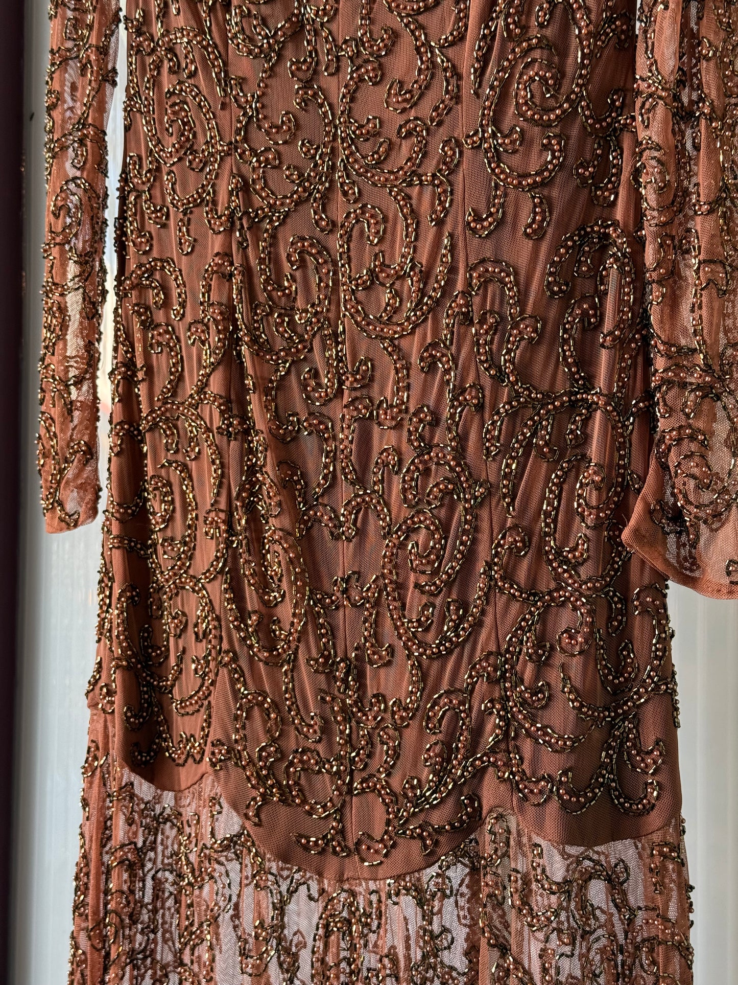 1980s Mocha Brown Sheer Long sleeve Beaded Evening Gown