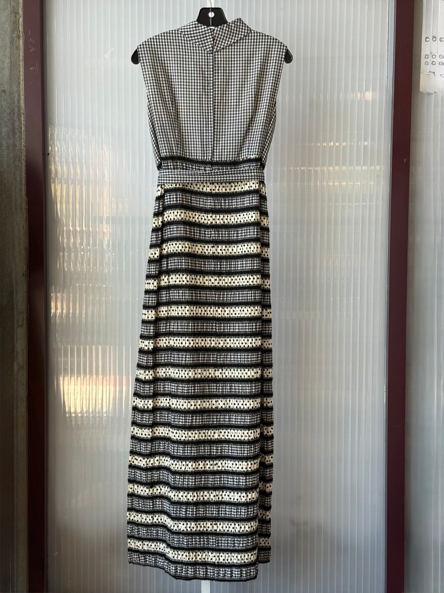 1960s Gingham and Polka Dot B&W Sleeveless Maxi Dress