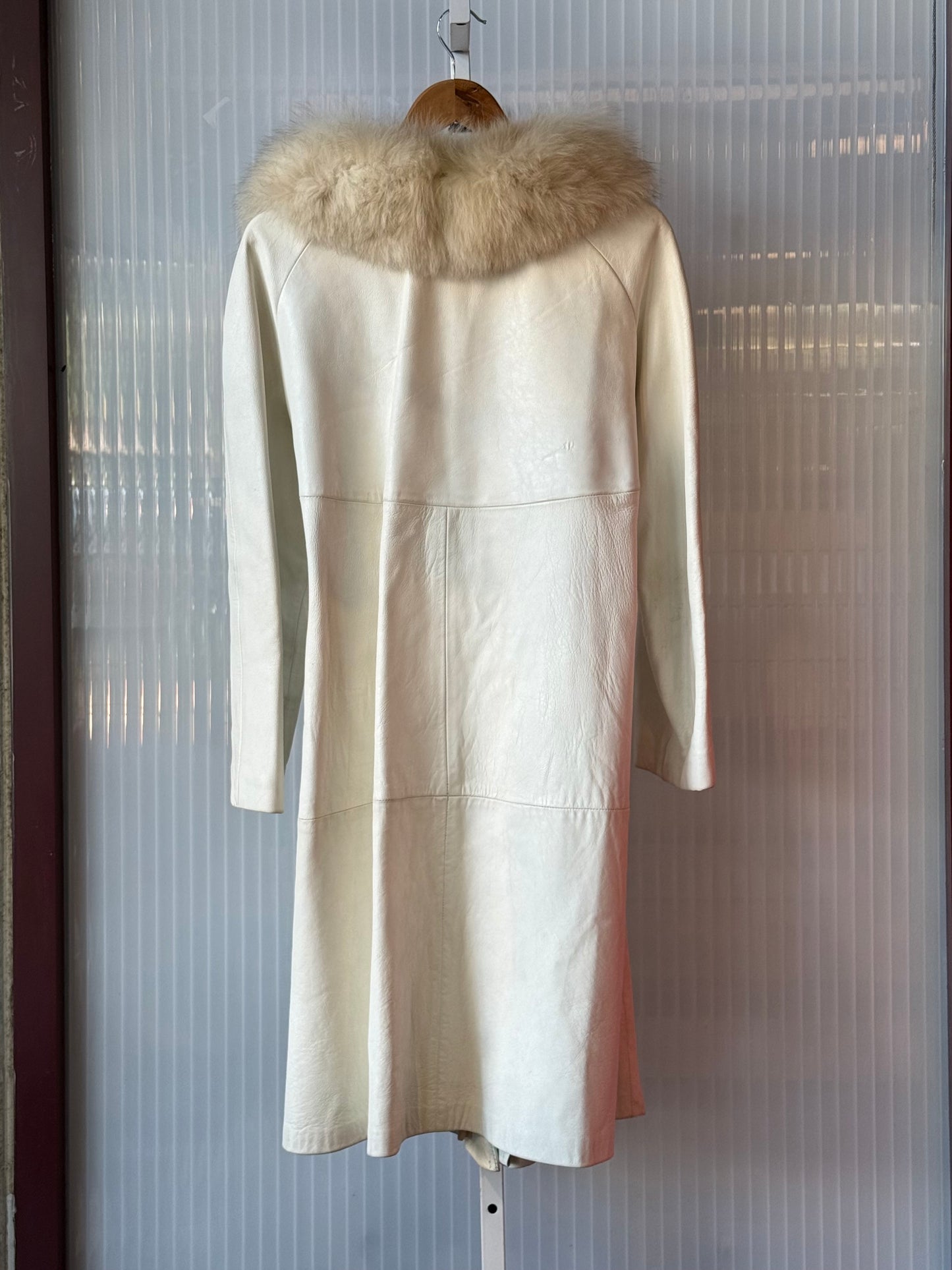 1970s White Leather Fur Collar Trench Coat
