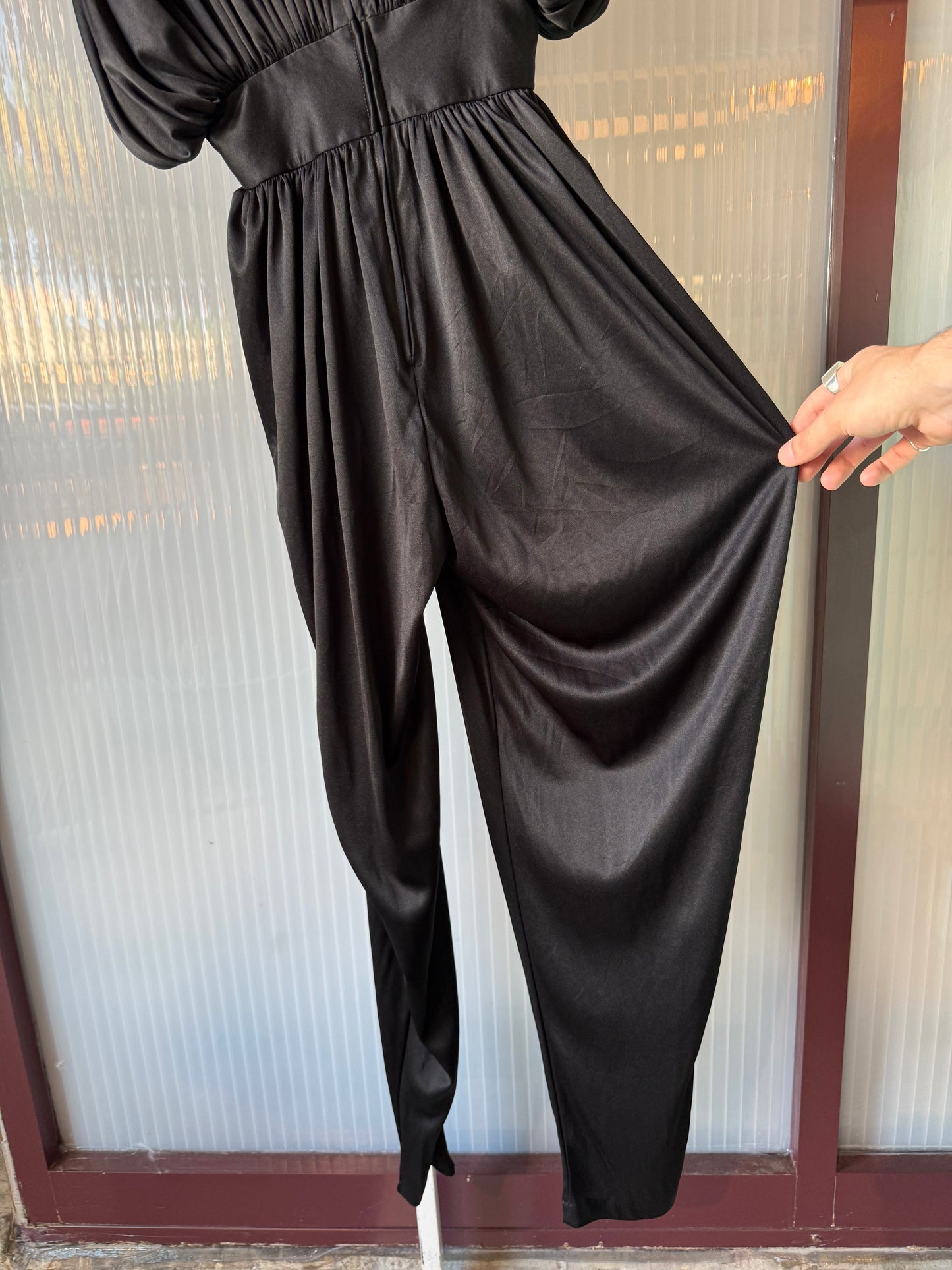 1980s Elegant Draped Erte Style Black Evening Jumpsuit