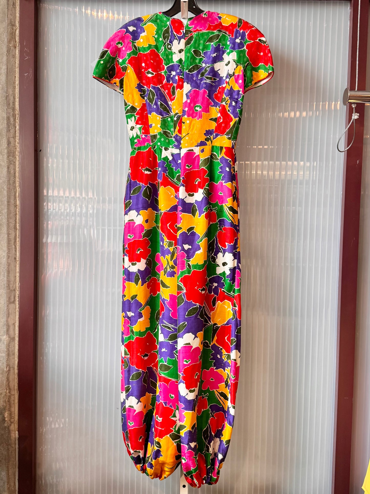 1980s Bright Multicolor Floral Jumpsuit with Clear Sparkly Sequins