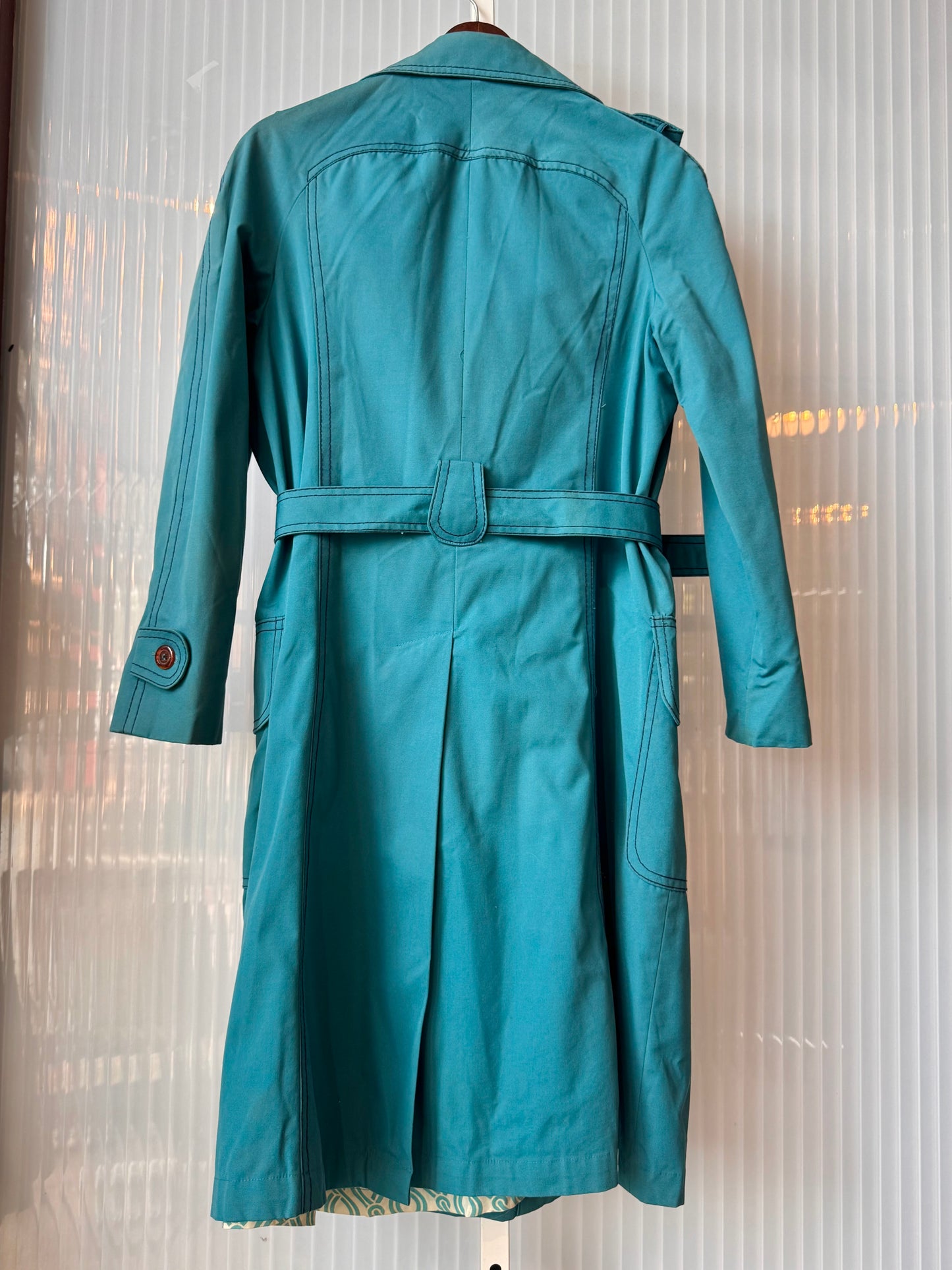 1970s Groovy Teal Trench Coat w/ Contrast Stitching