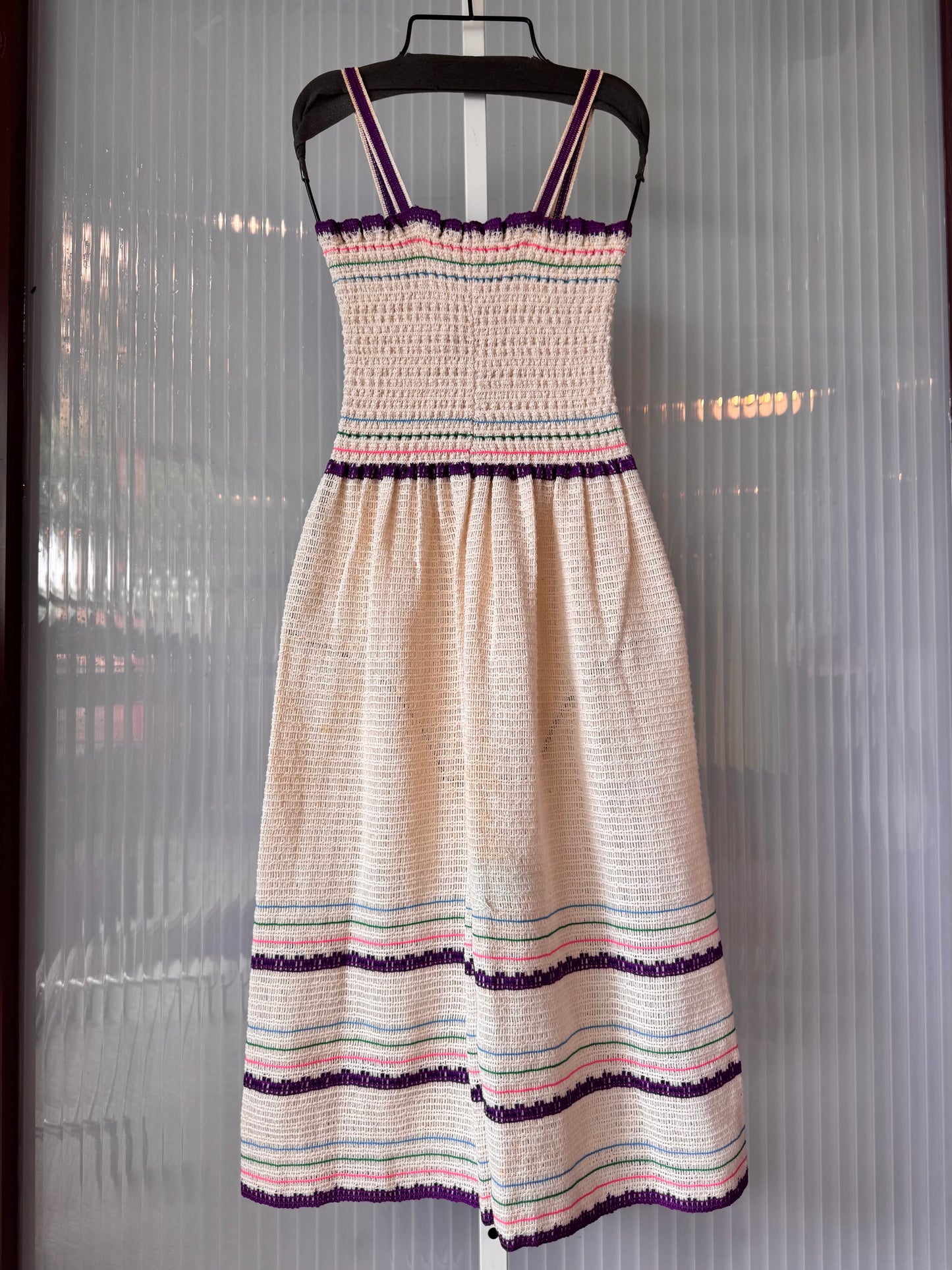 1960s Cream & Purple Smocked Knit Dress