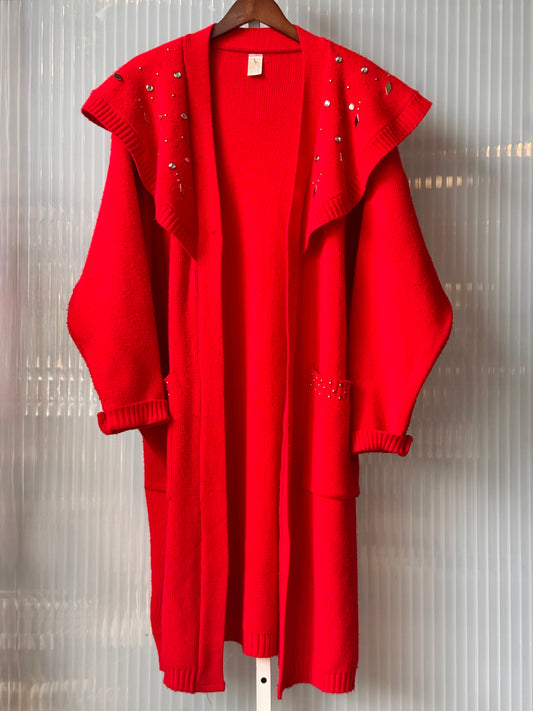 1980s Red Knit Bedazzled Full-Length Cardigan Coat