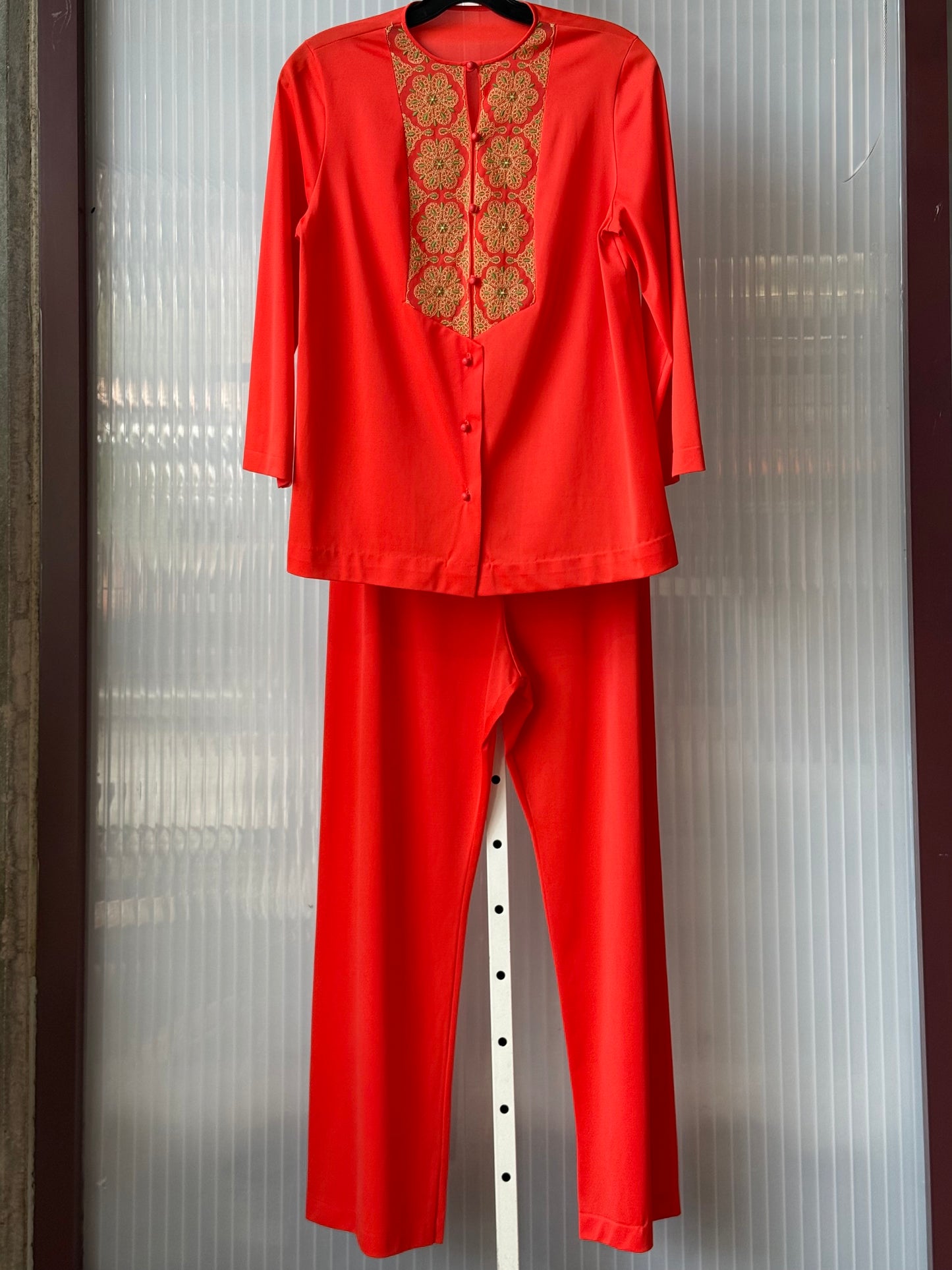 1970s Red-Orange 2-Piece Pajama Set with Embroidered Yoke