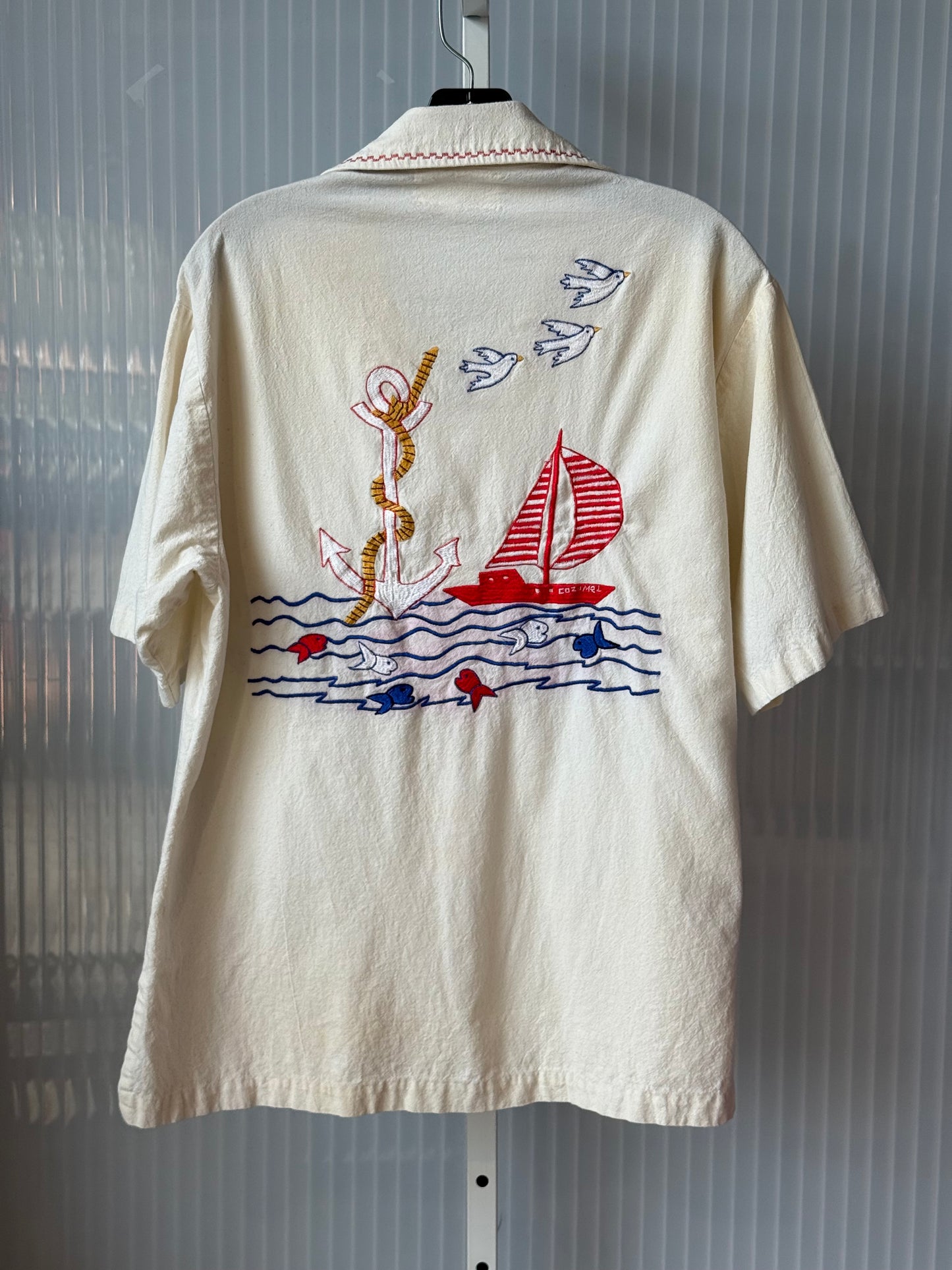 Cream Nautical Cozumel Mexican Embroidered Shirt