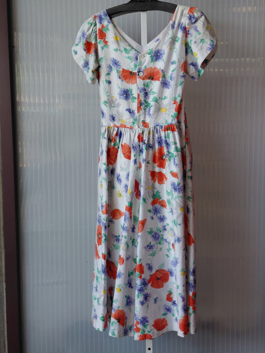 1970s White Floral Cap Sleeve Sundress