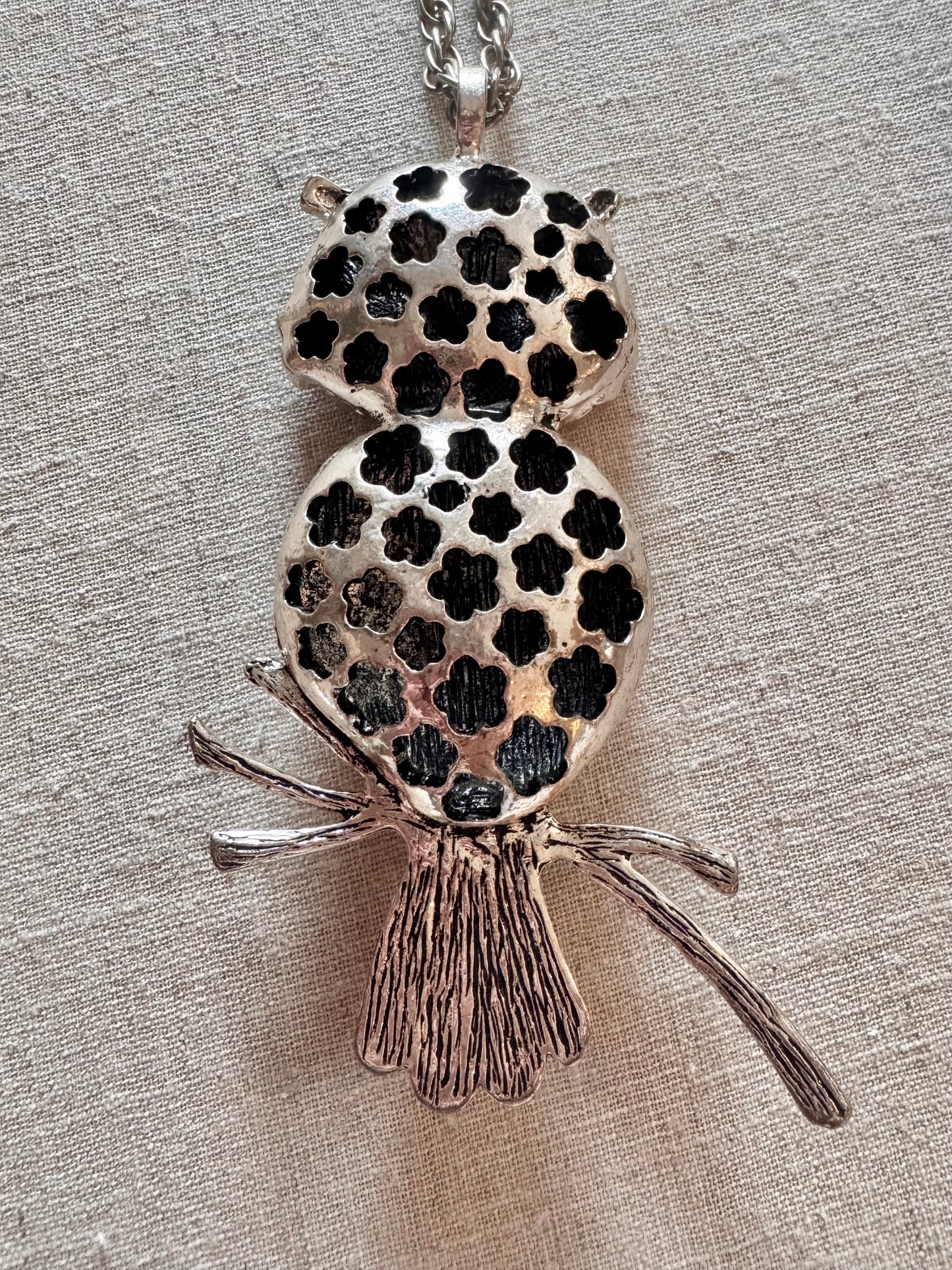 1970s Silver Owl Pendant with Black Rhinestone Eyes