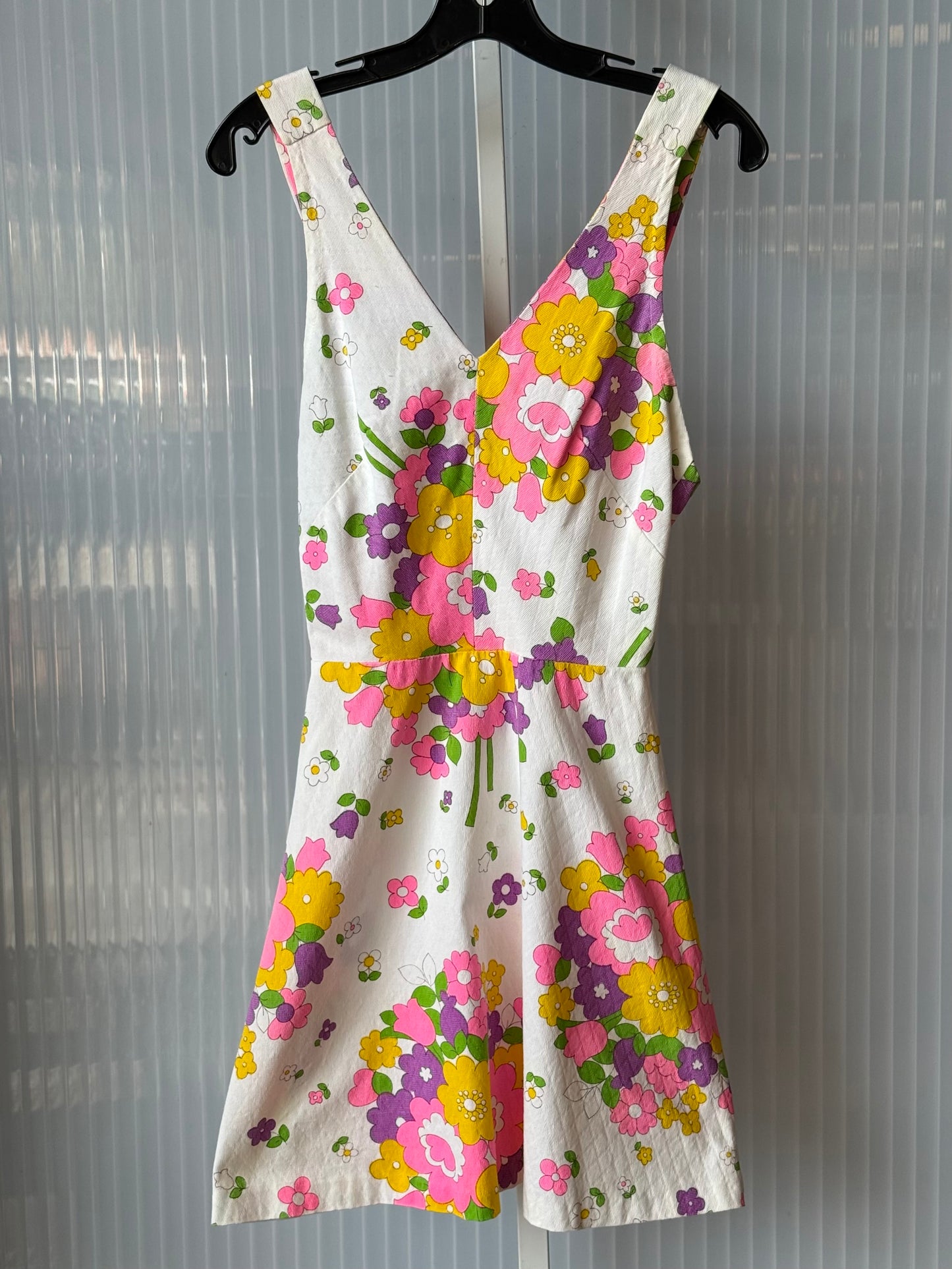 1970s White Halter Dress w/ Bright Floral Print
