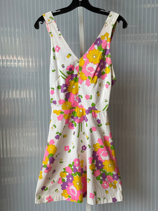1970s White Halter Dress w/ Bright Floral Print