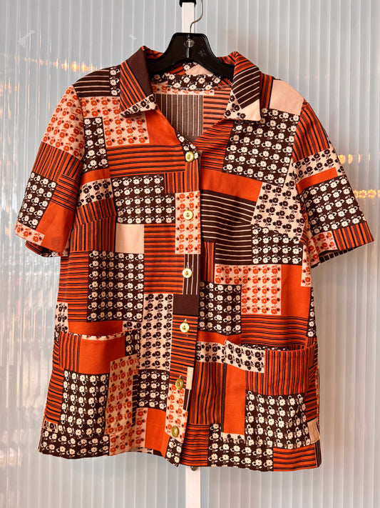 1970s Orange & Brown Floral Patchwork Button-Up Blouse