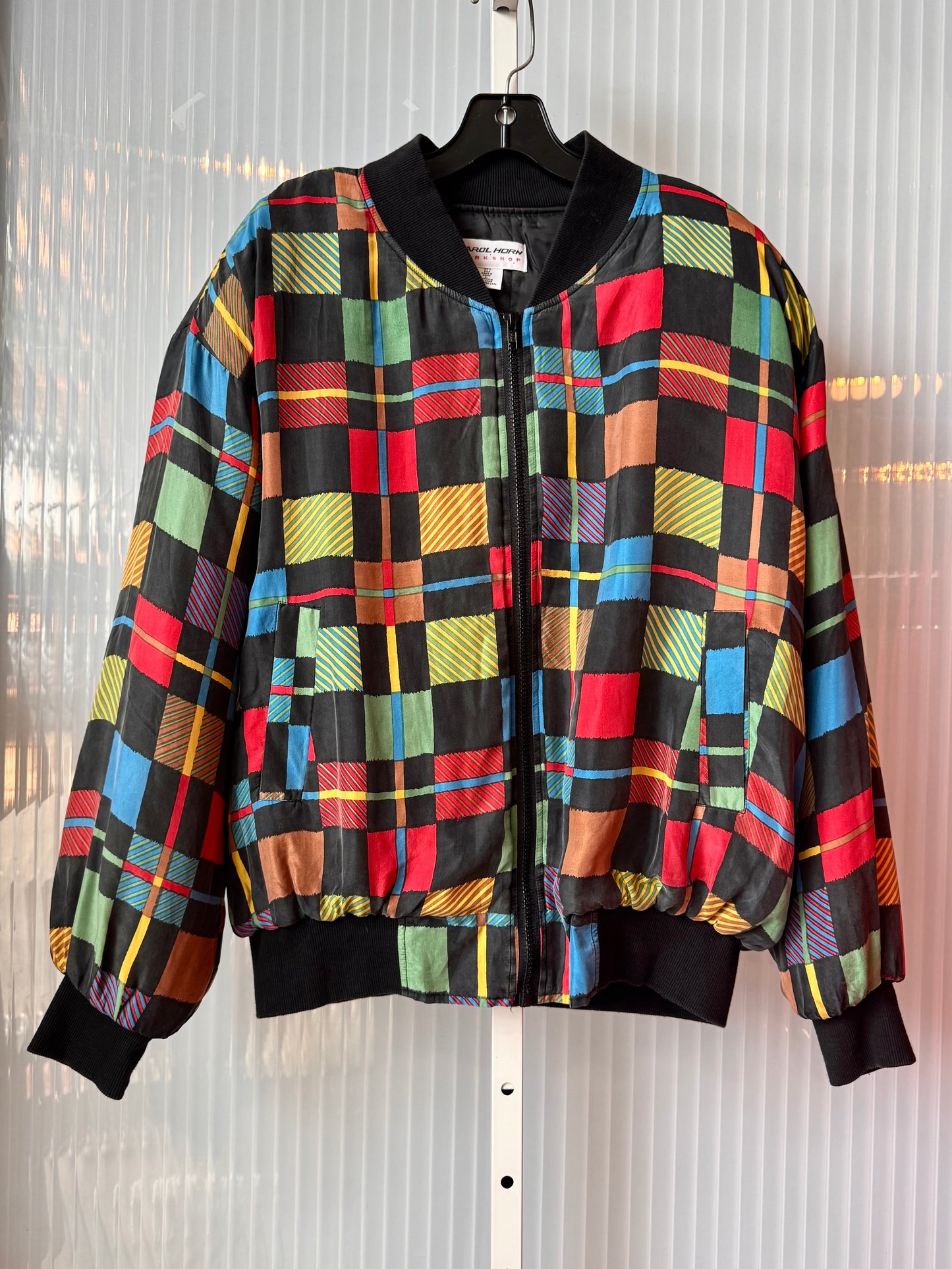 1980s Silk Multicolor Plaid Bomber Jacket
