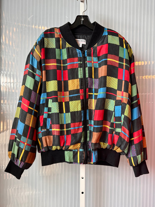 1980s Silk Multicolor Plaid Bomber Jacket