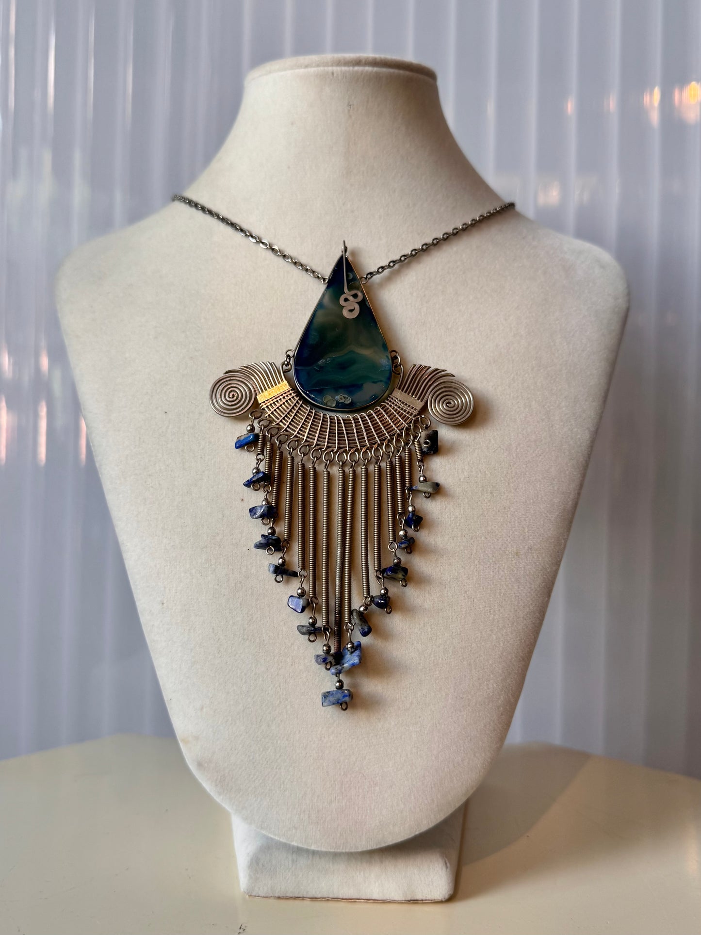 Striped Agate Silver Necklace with Lapis Lazuli Accents