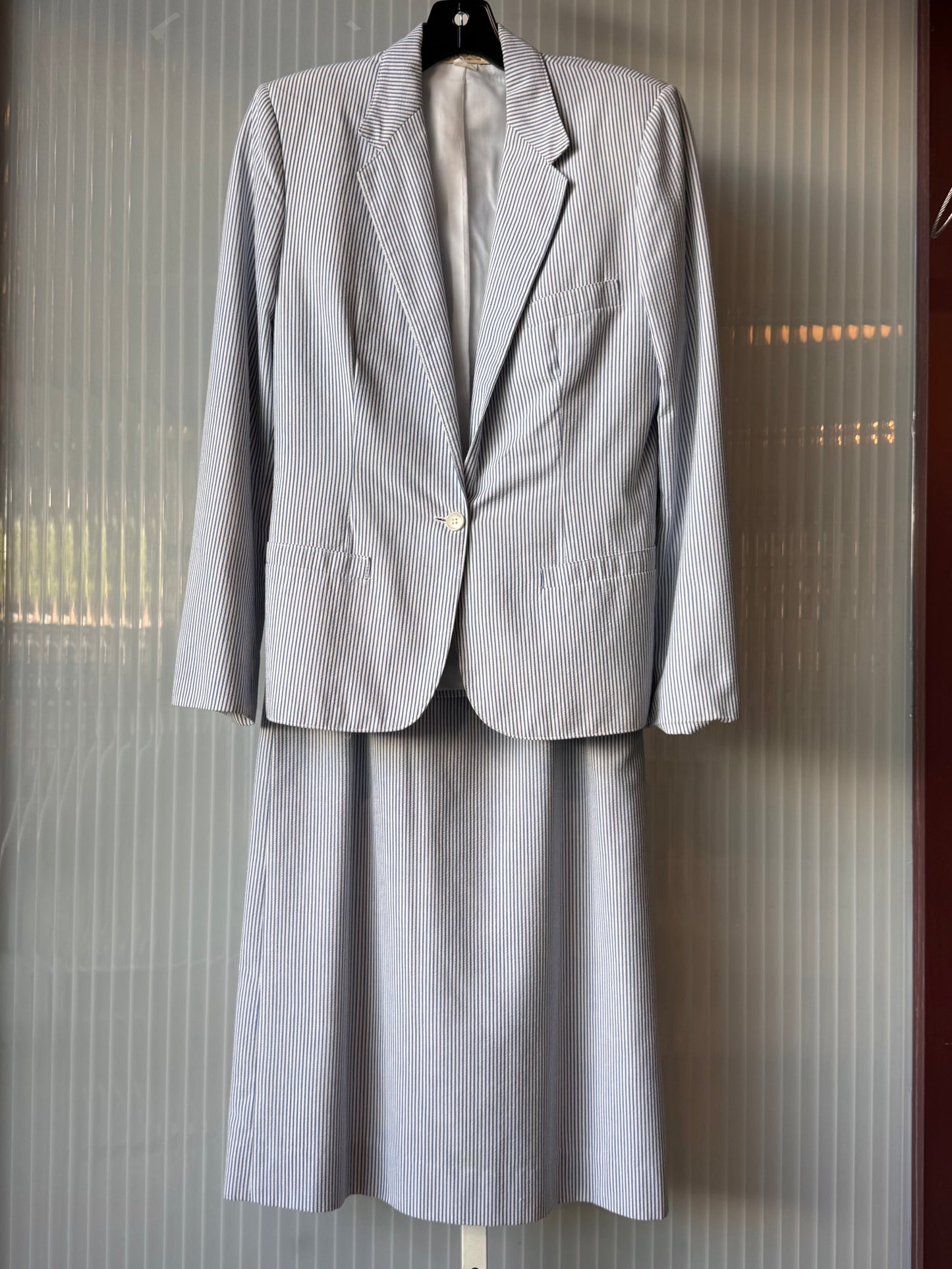 1980s White & Blue Pinstripe Skirt & Blazer Set