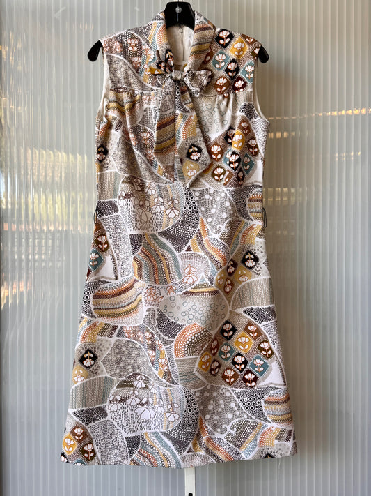 1960s Tan Floral Pattern A-Line Dress