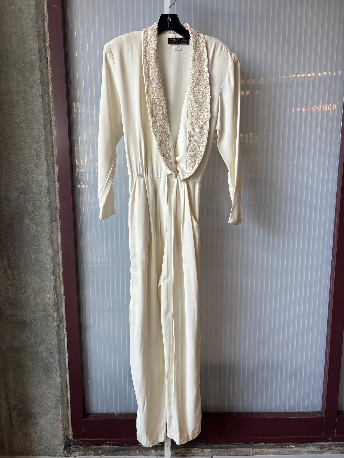 1980s Ivory Jumpsuit w/ Beaded Oversized Lapel