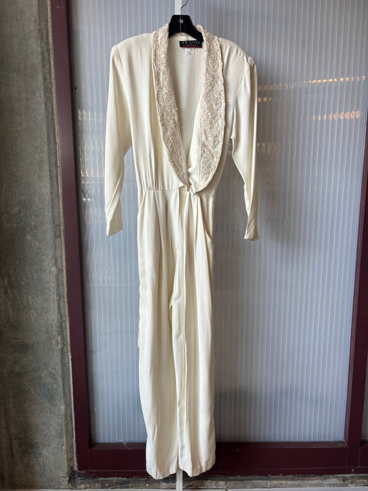 1980s Ivory Jumpsuit w/ Beaded Oversized Lapel