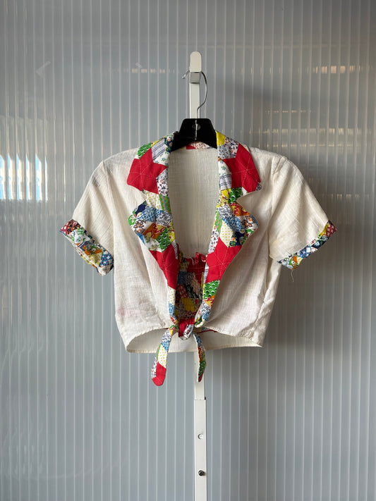 1970s White Red & Blue Tube Top w/ Attached Blouse Overlay