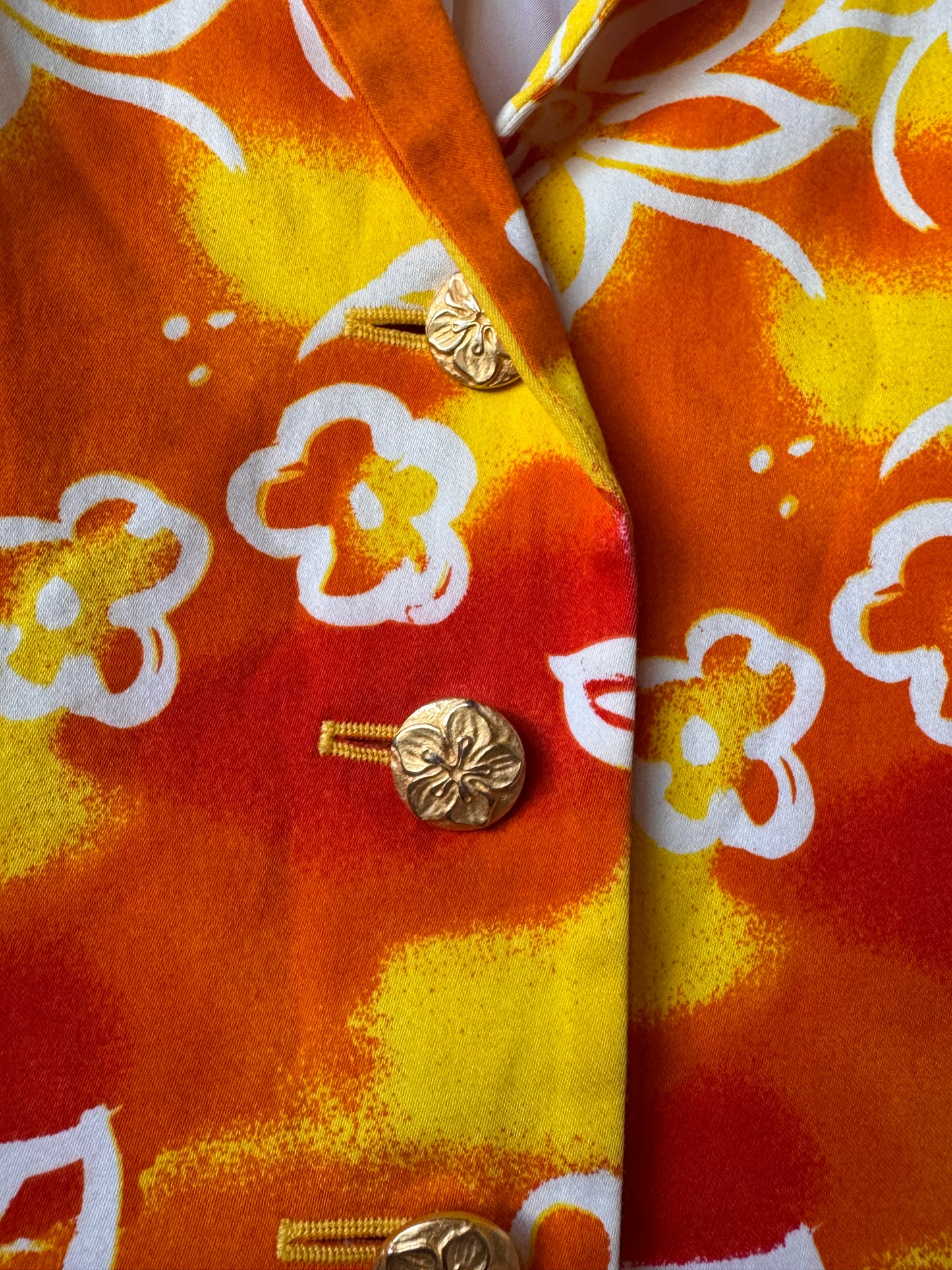 1990s Yellow and Orange Floral Print Blazer w/ Gold Buttons