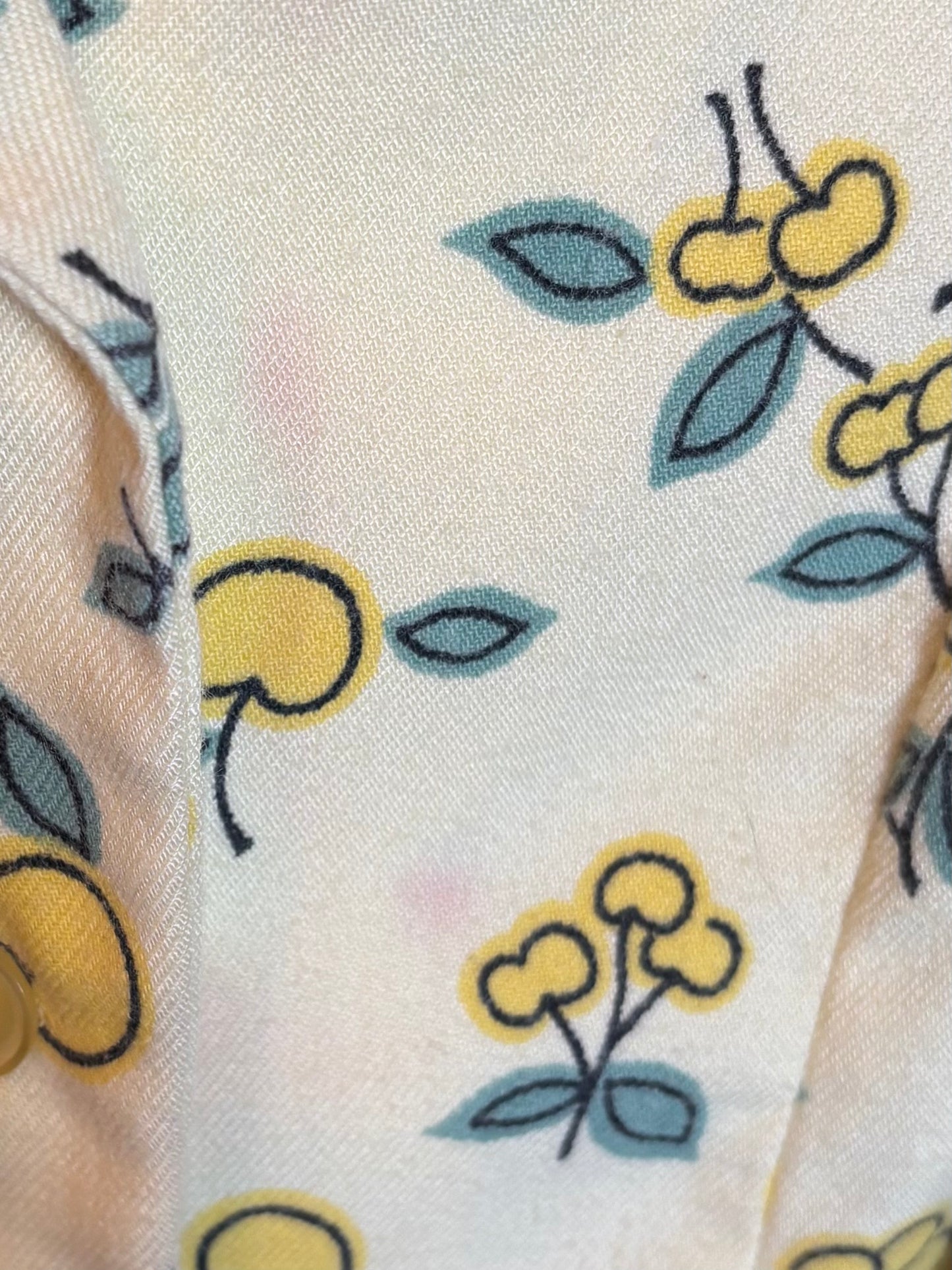 1960s Yellow Cherry-Print Puff-Sleeve Button-Up Blouse