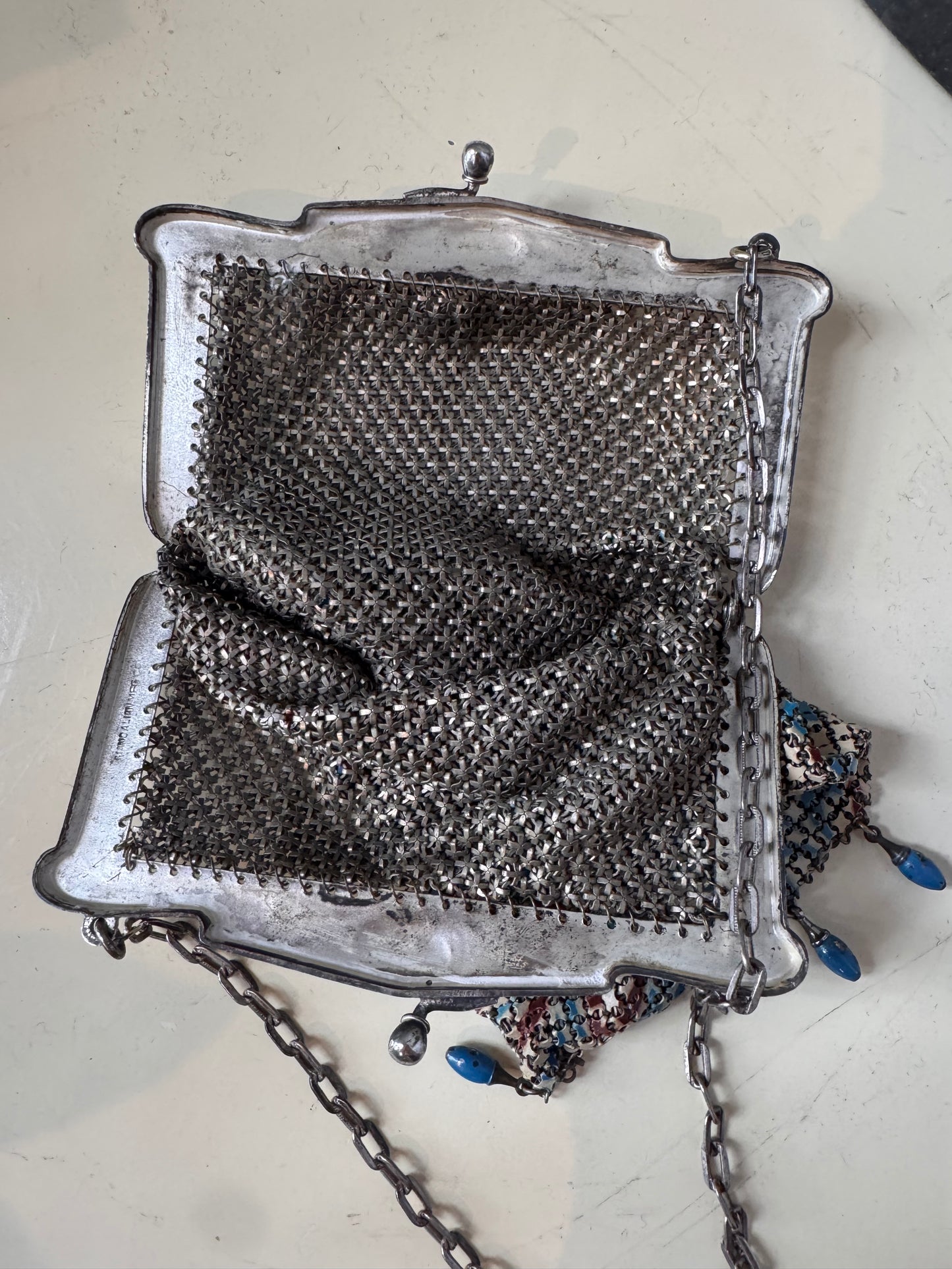 1920s Cream Blue & Burgundy Metal Mesh Flapper Purse