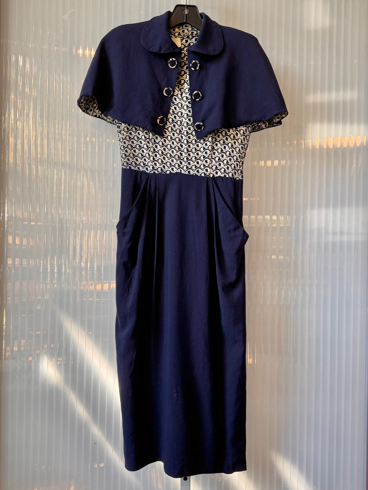 1940s Navy Blue & White Geometric Pattern Dress Set