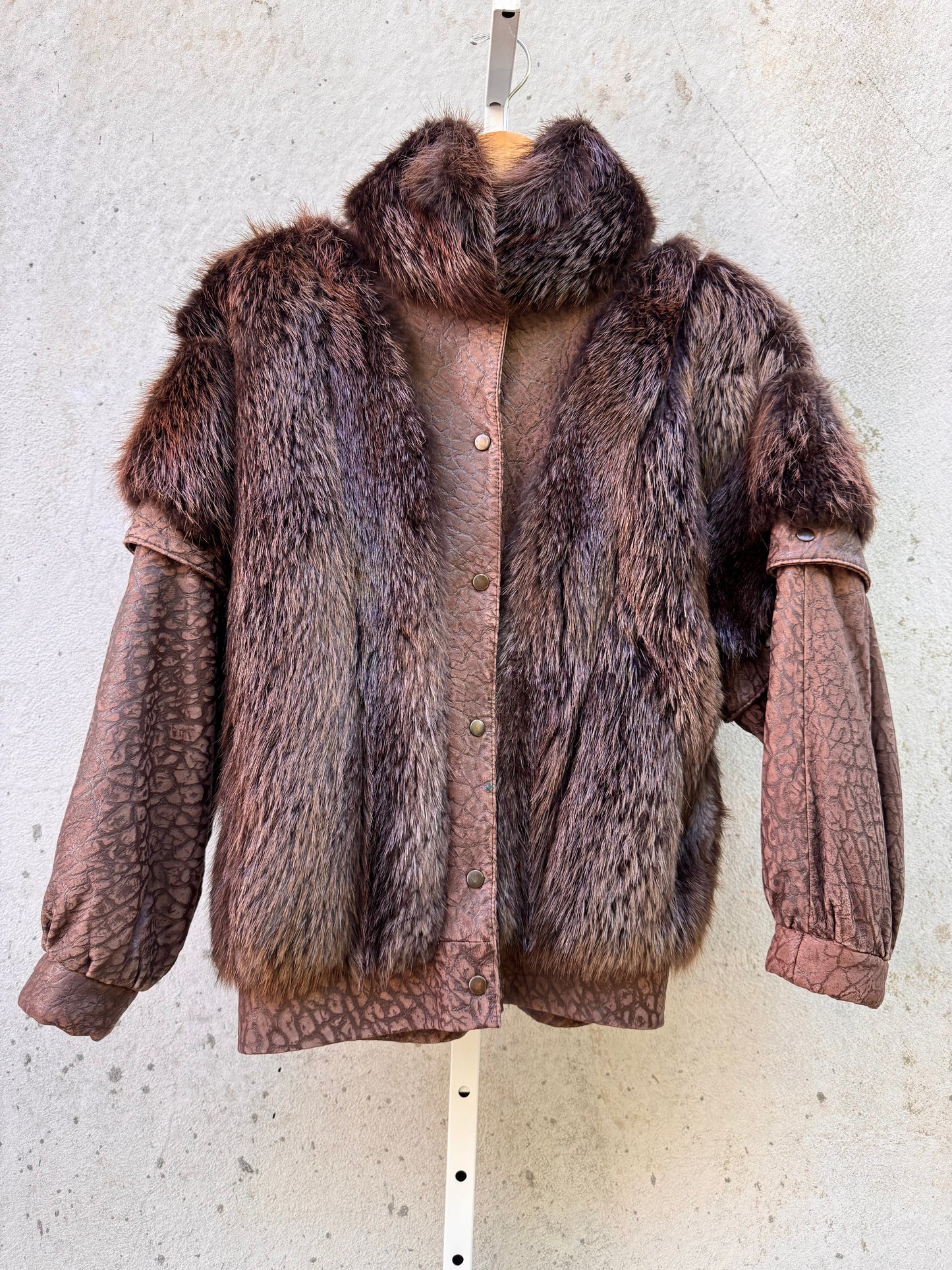 1980s Beaver Fur Leather Convertible Bomber Jacket / Vest
