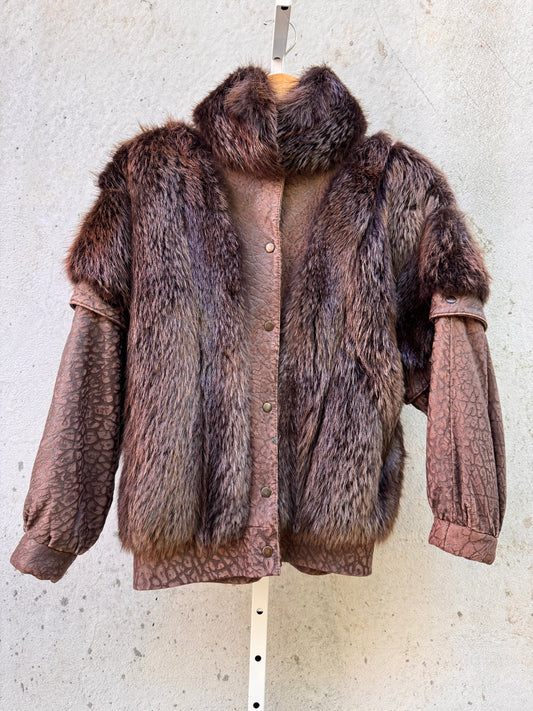 1980s Beaver Fur Leather Convertible Bomber Jacket / Vest