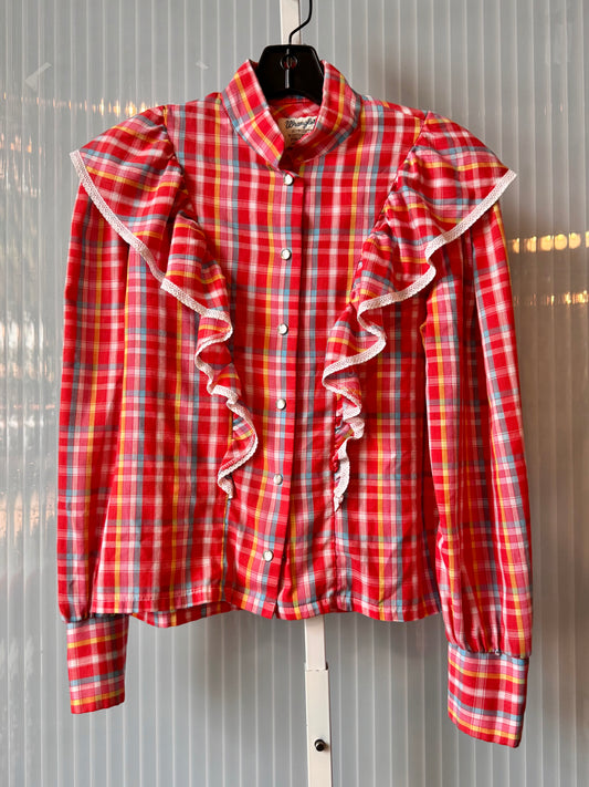 1970s Wrangler Red Plaid Ruffled Button-up Shirt