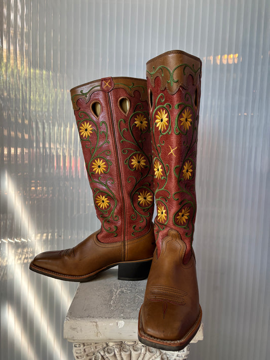 2 Tone Leather Square Toe Embroidered Cowgirl Boots 9B