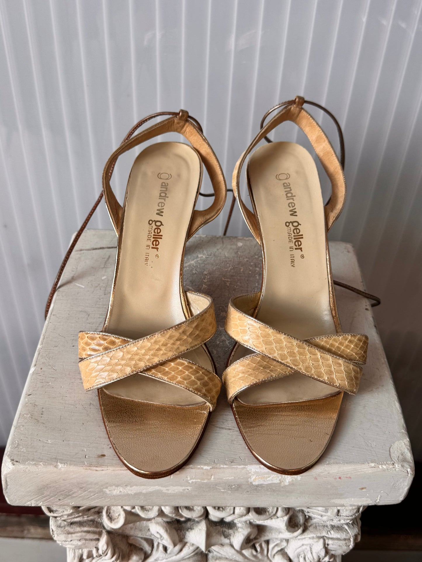1990s / Y2K Cream Snakeskin Strappy Heels