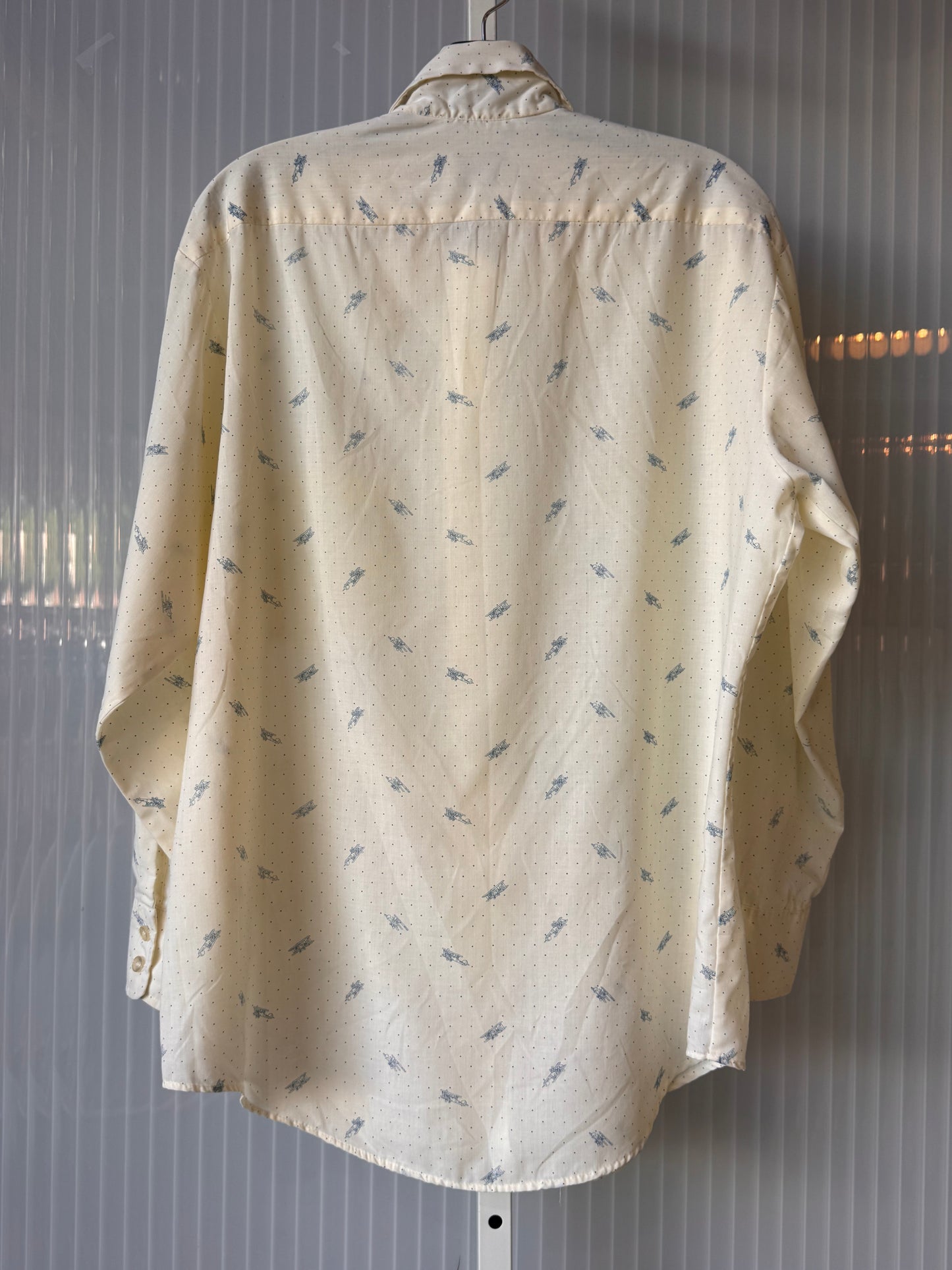 1970s Pointed Collar Cream Shirt w/ Blue Airplane Print