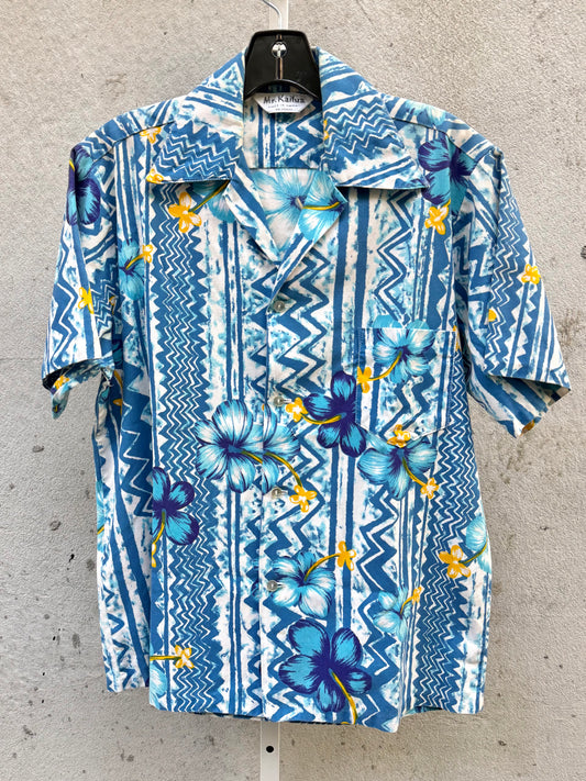 1960s Blue Hibiscus Hawaiian Shirt