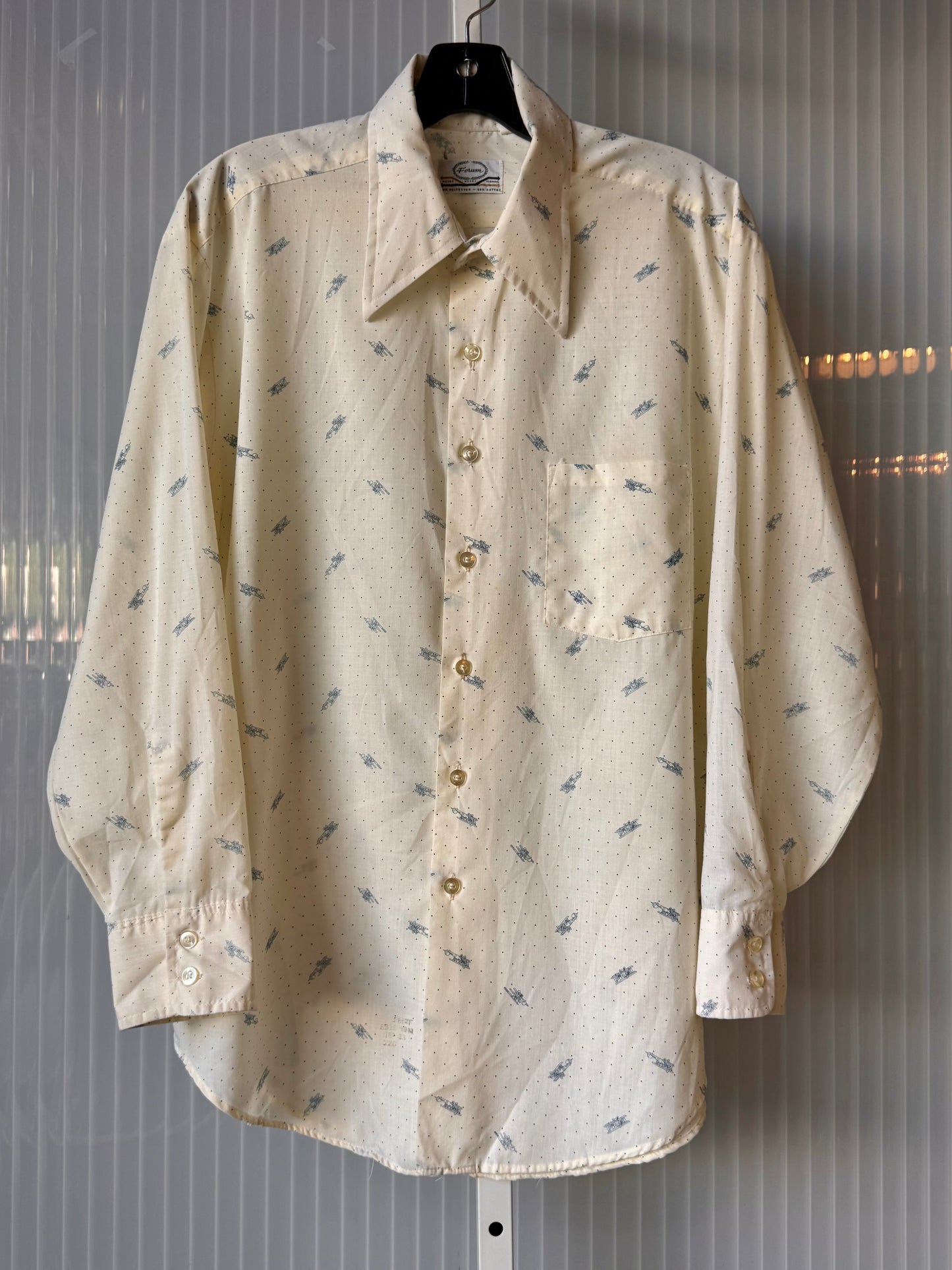 1970s Pointed Collar Cream Shirt w/ Blue Airplane Print