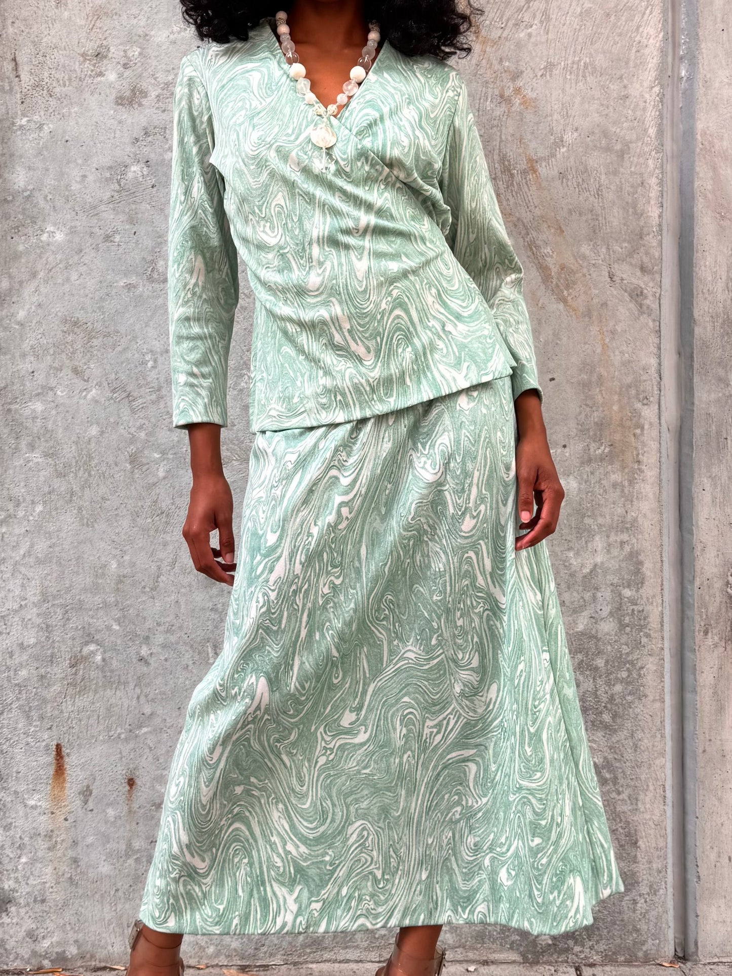 1970s Marbled Teal Dress & Wrap Jacket Set