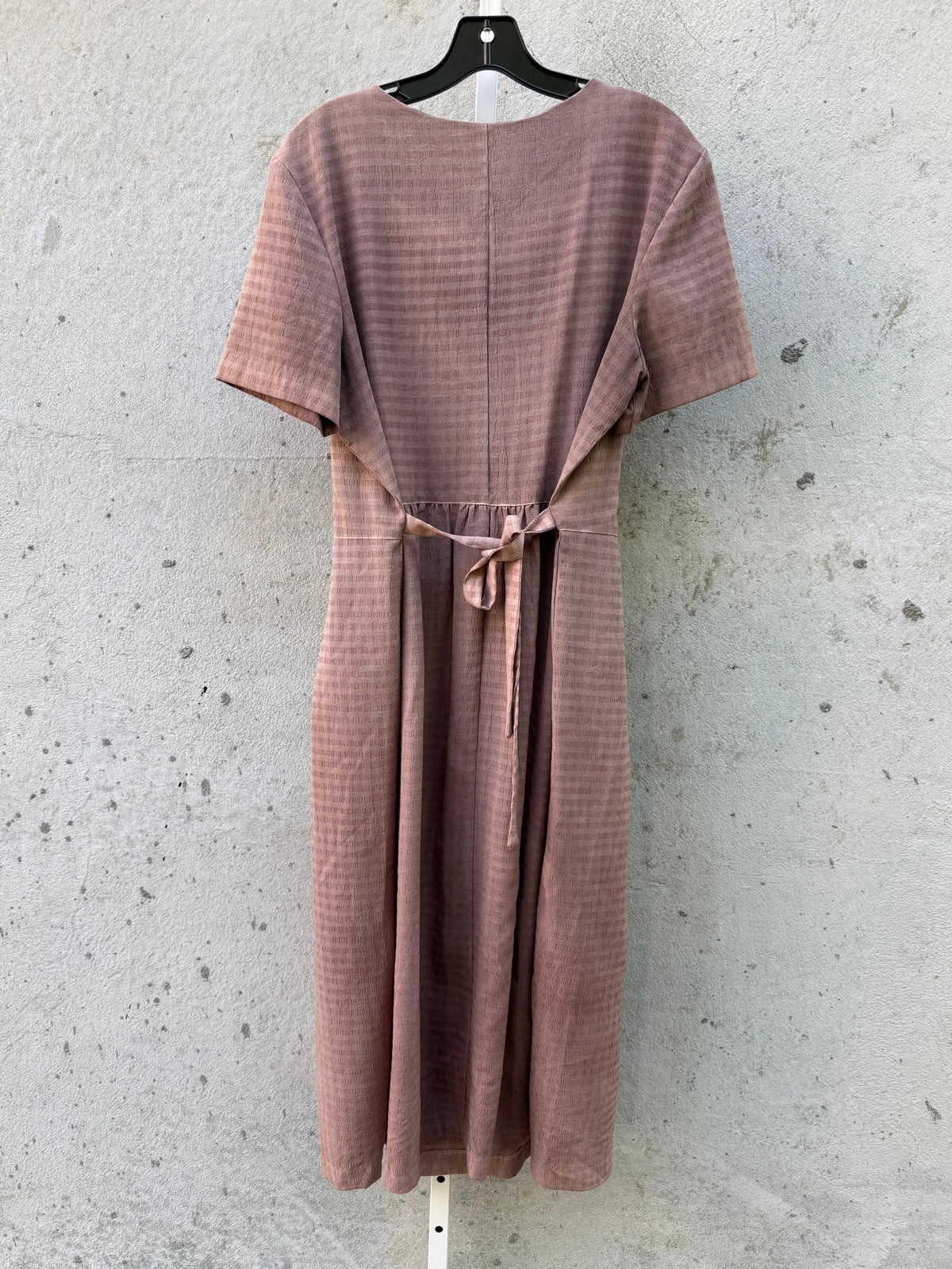 1970s Taupe Striped Pleated Dress with Abalone Buttons