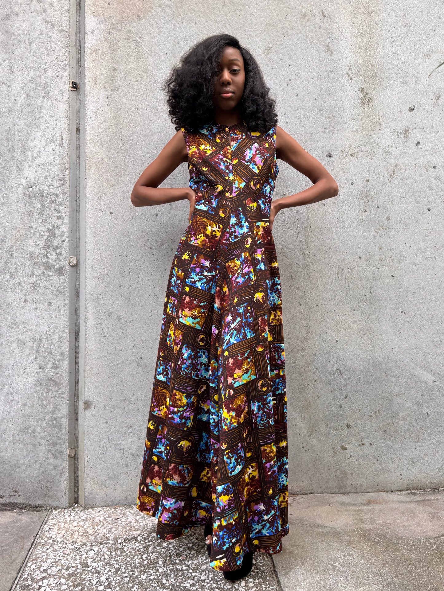 1970s Black Brown & Blue Polyknit Dress